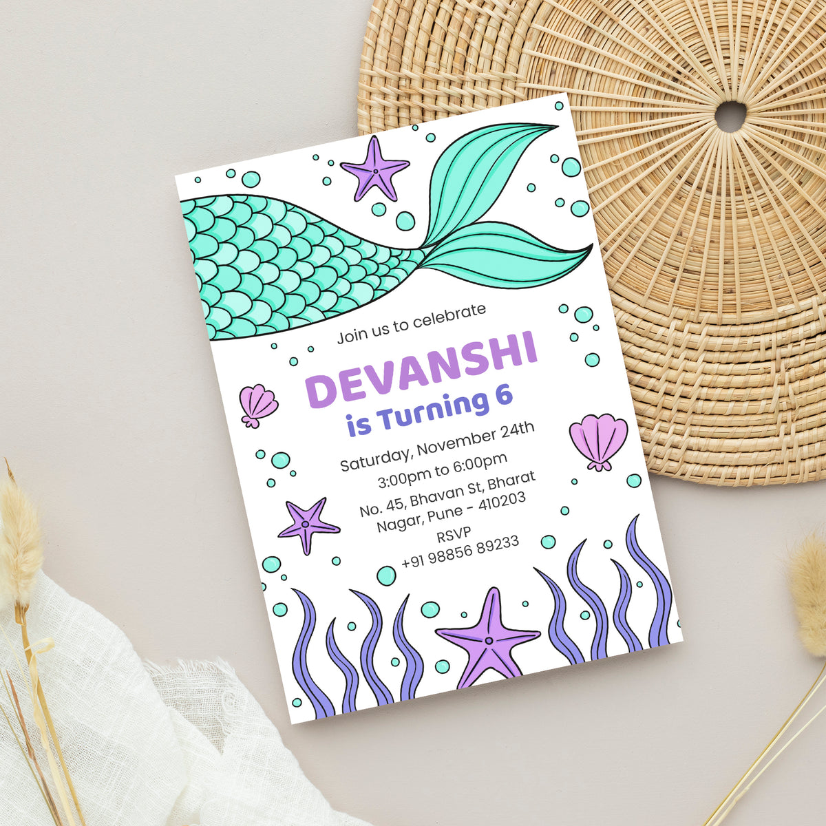 Star Fish Birthday Invitation Template, Printable Invitation, Girl Birthday, Evite, Digital Invite,  - B094