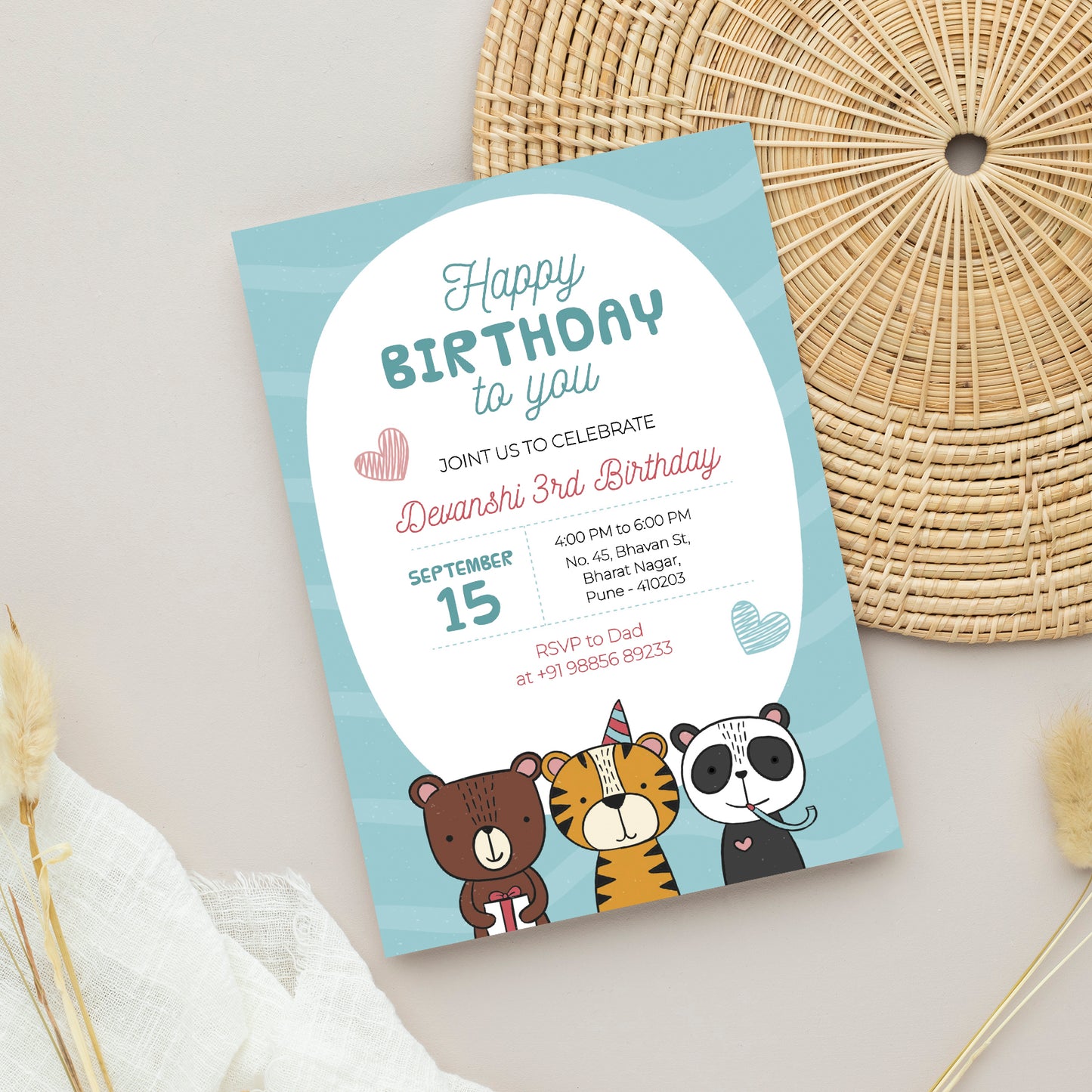 Panda Cub Birthday Invitation Template, Printable Invitation, Girl Birthday, Evite, Digital Invite, - B052