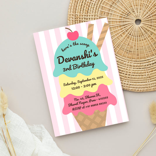 Cone Ice Birthday Invitation Template, Printable Invitation, Girl Birthday, Evite, Digital Invite,  - B051