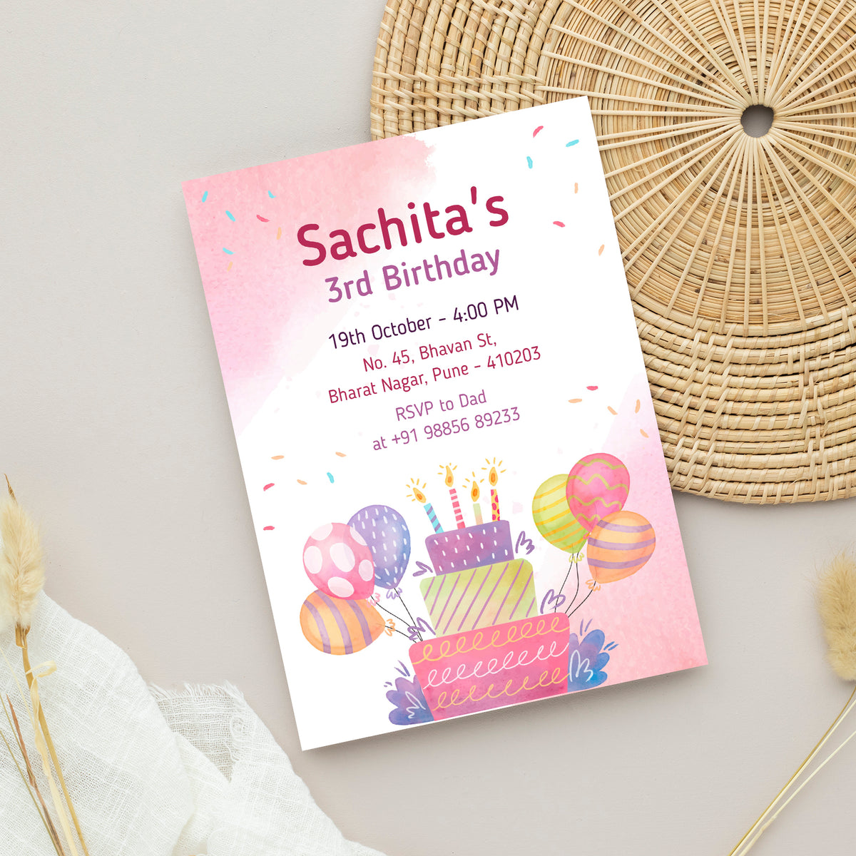 Pink Birthday Invitation Template, Printable Invitation, Girl Birthday, Evite, Digital Invite,  - B055