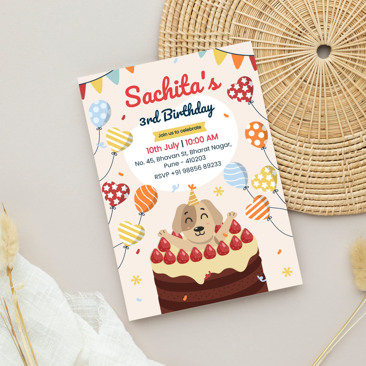 Puppy Cake Birthday Invitation Template, Printable Invitation, Girl Birthday, Evite, Digital Invite, - B095