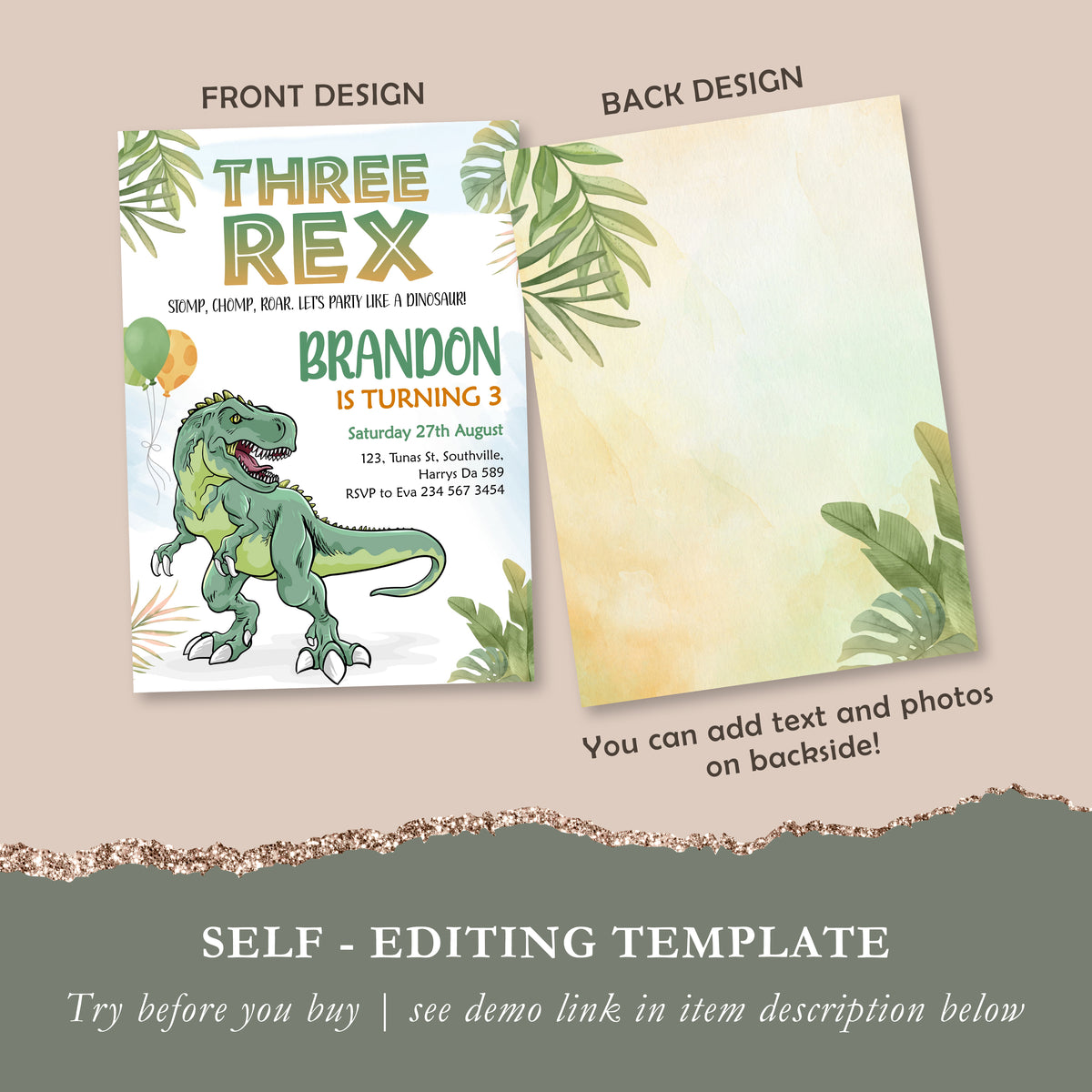 Three Rex Birthday Invitation Template, Printable Invitation, Boy Birthday, Evite, Digital Invite, 0285