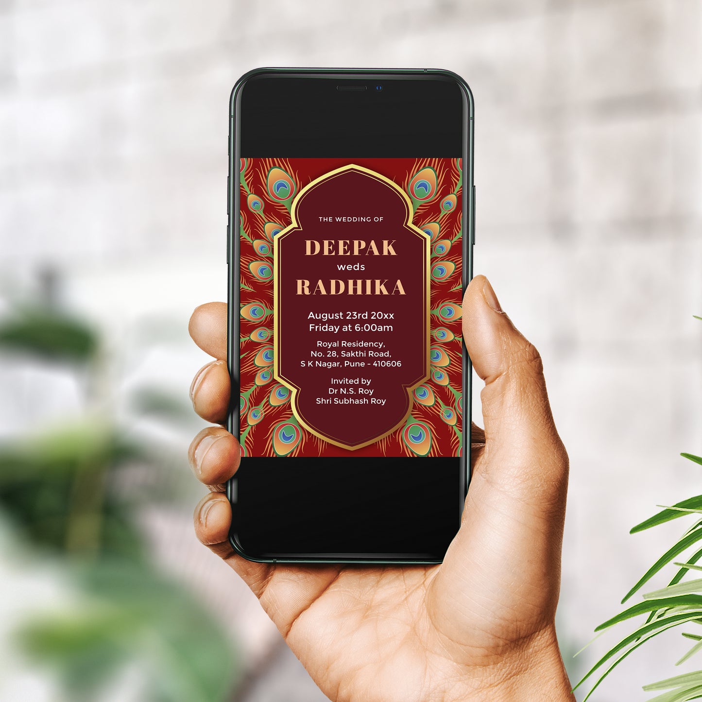 Burgundy Peacock Golden Coverts Wedding Invitation Template, Printable Invitation, Evite, Digital Wedding Invite,  – W073