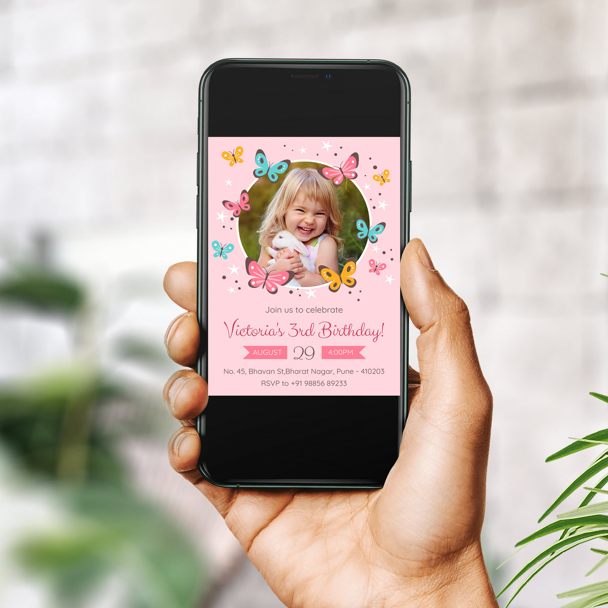 Pink Butterfly Photo Birthday Invitation Template, Printable Photo Invitation, Girl Birthday, Evite, Digital Invite, - B053