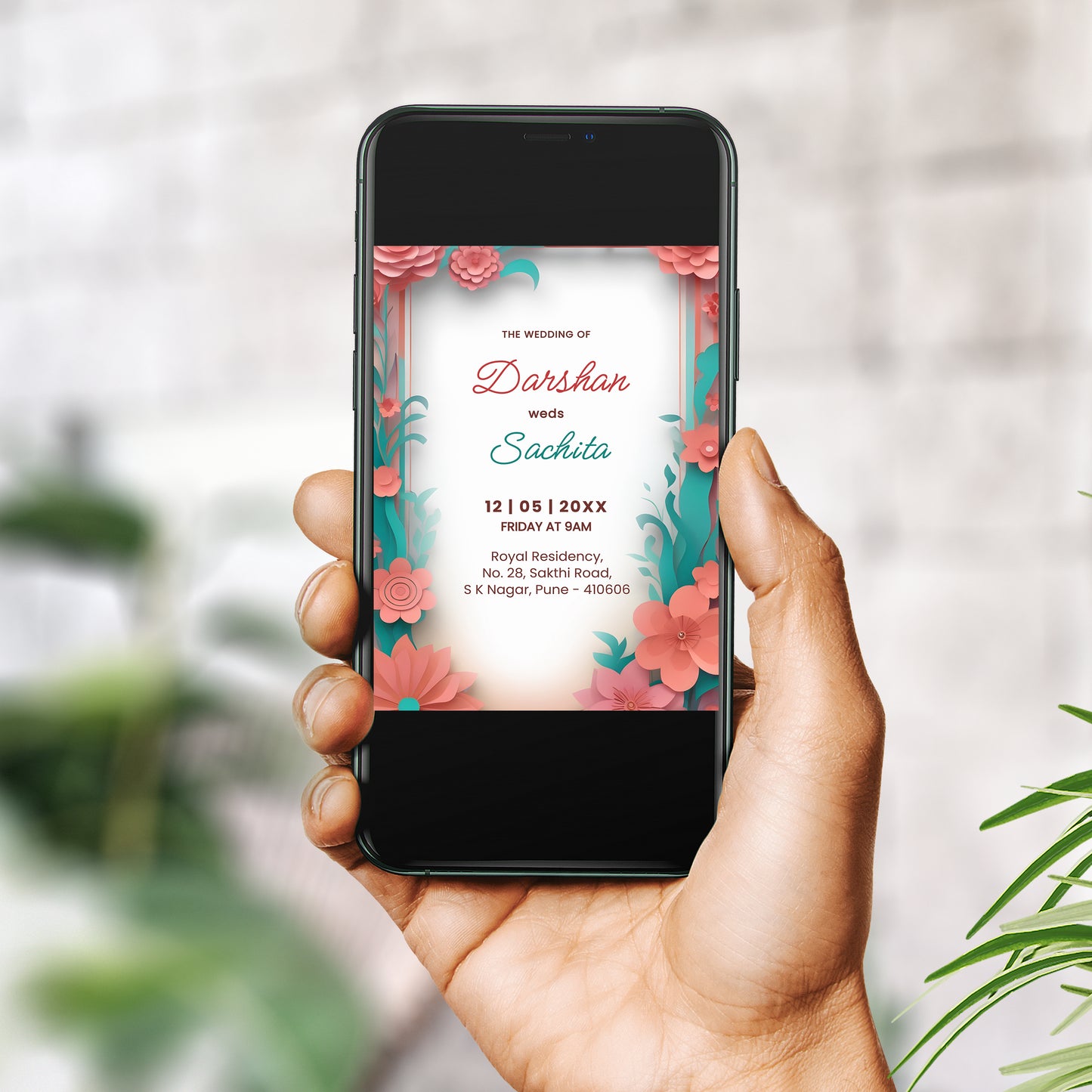 Modern Floral Wedding Invitation Template, Printable Invitation, Green, Sandstone, Evite, Digital Wedding Invite, – W131