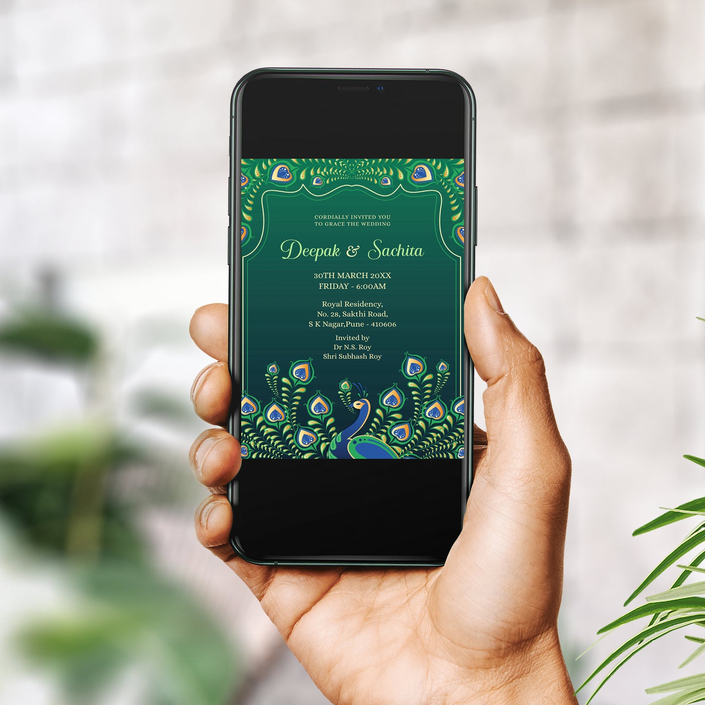 Green Peacock Wedding Invitation Template, Printable Invitation, Evite, Digital Wedding Invite,  – W086