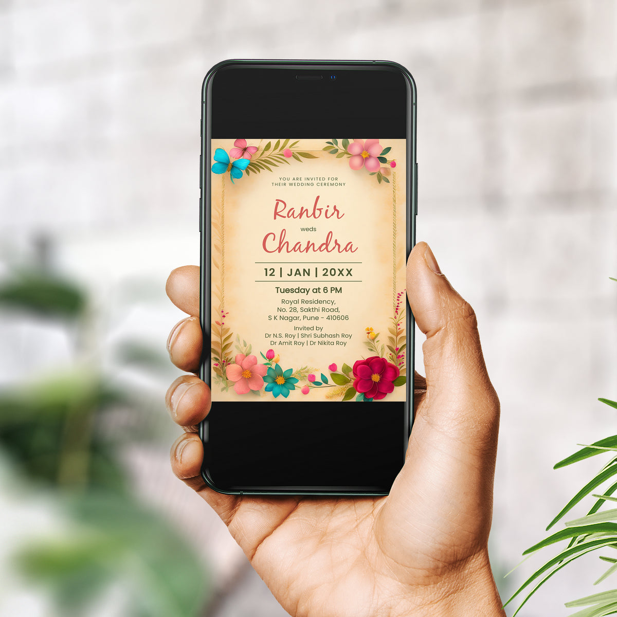 Elegant Woody Floral Wedding Invitation Template, Printable Invitation, Evite, Digital Wedding Invite,  – W050