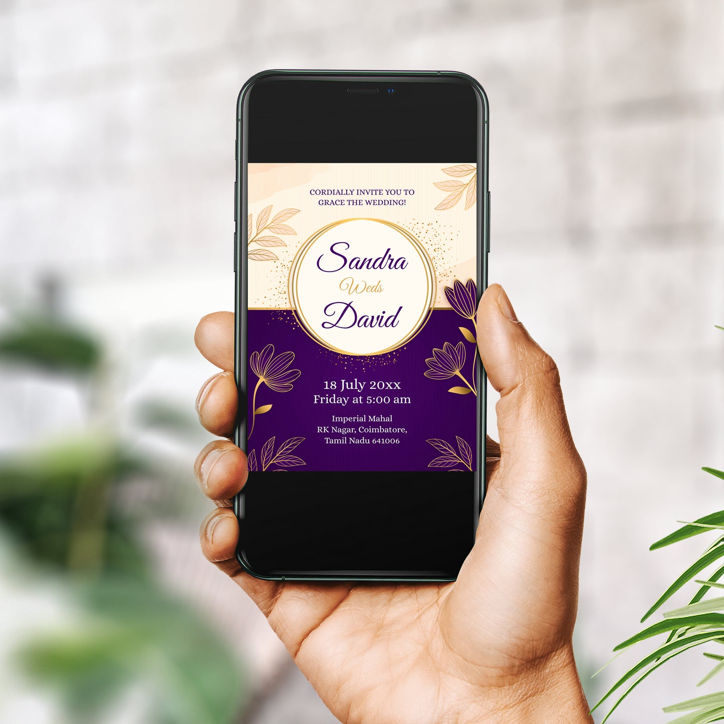 Purple Flower Wedding Invitation Template, Printable Invitation, Evite, Digital Wedding Invite, Edit yourself, Corjl – WI0005