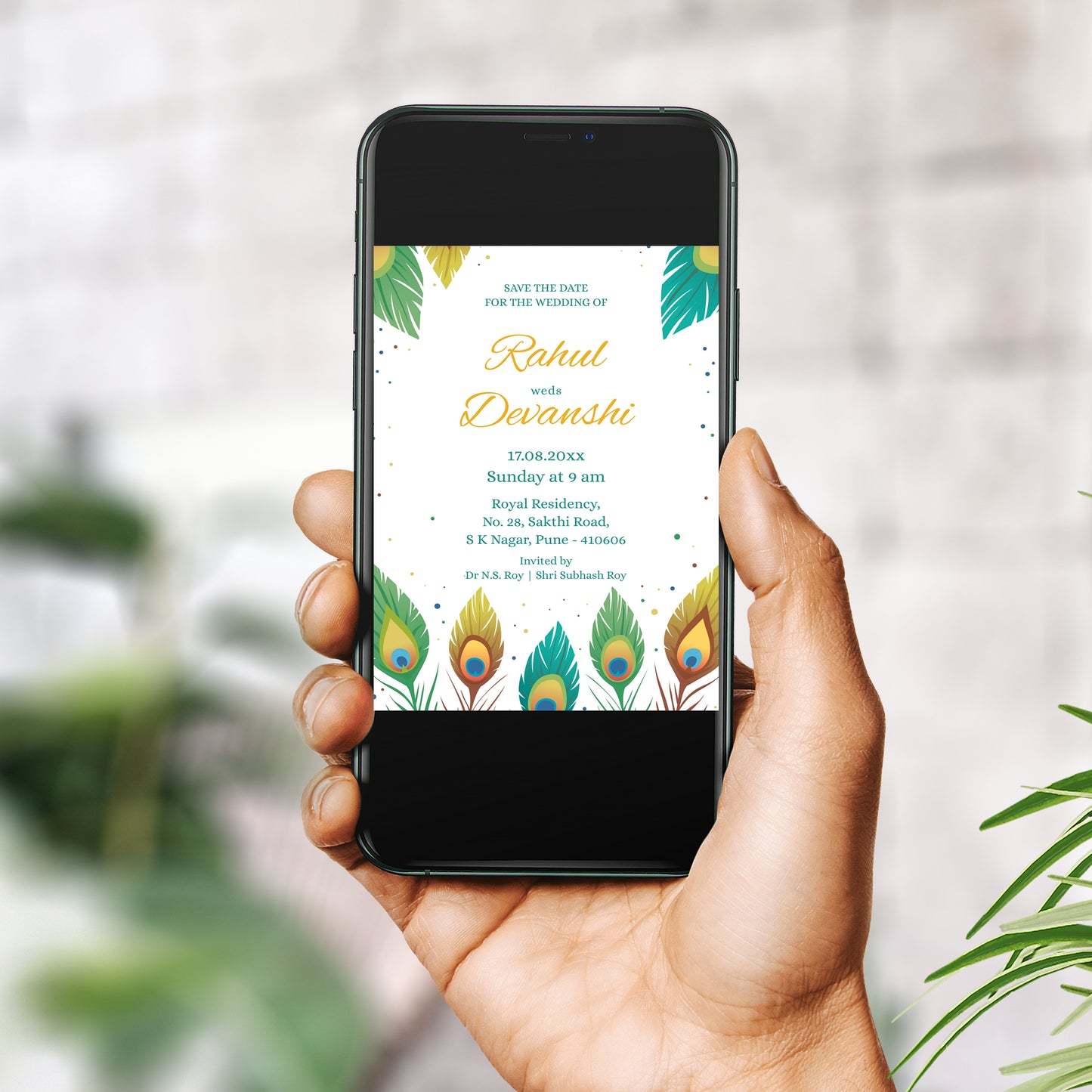 Green Peacock Wedding Invitation Template, Printable Invitation, Evite, Digital Wedding Invite, Edit yourself, Corjl – WI0067