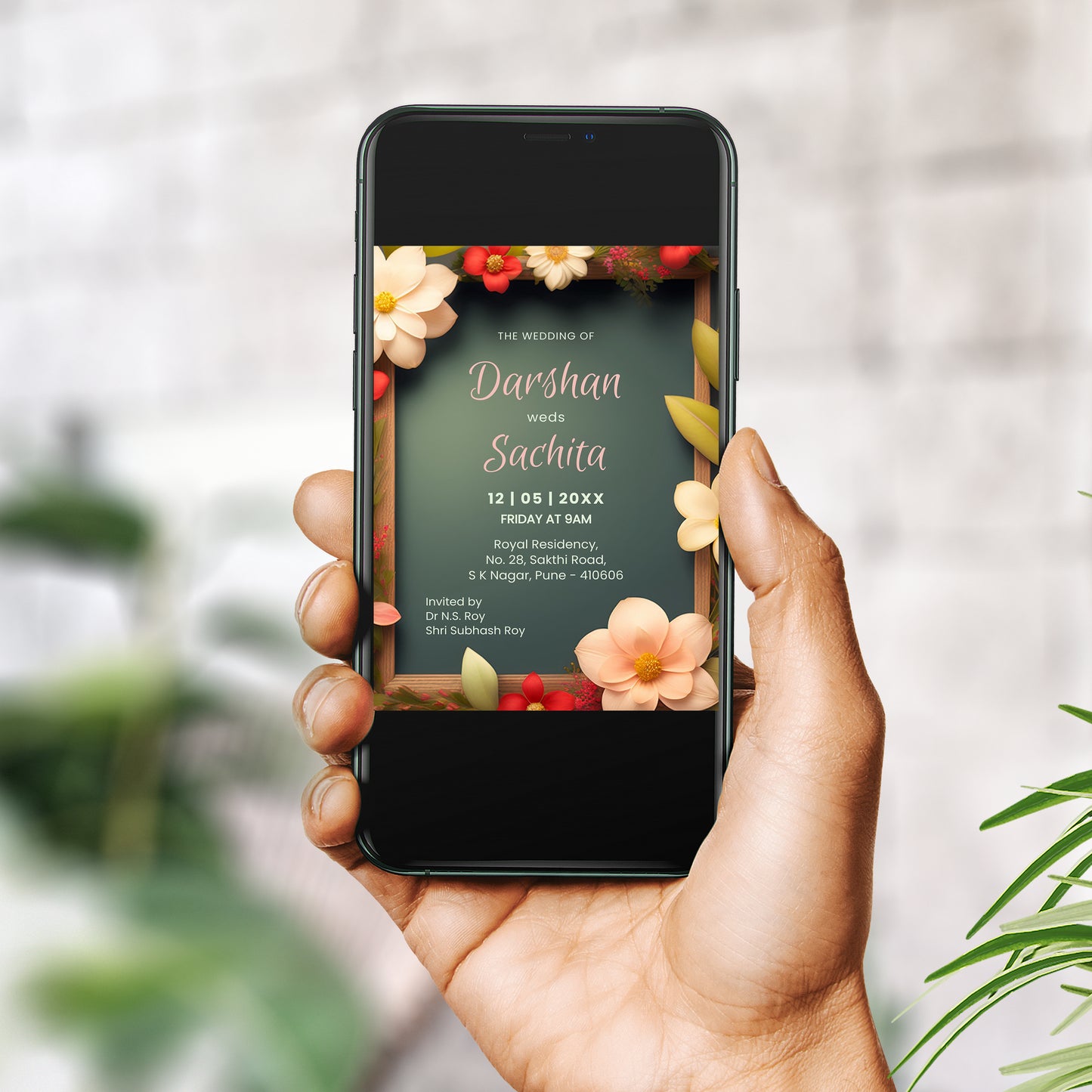 Floral Green Wedding Invitation Template, Printable Invitation, Evite, Digital Wedding Invite, – W130