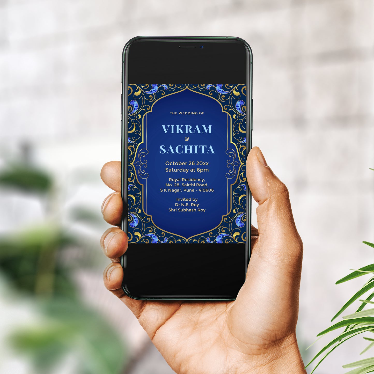 Blue Gold Palette Wedding Invitation Template, Printable Invitation, Evite, Digital Wedding Invite, – W081