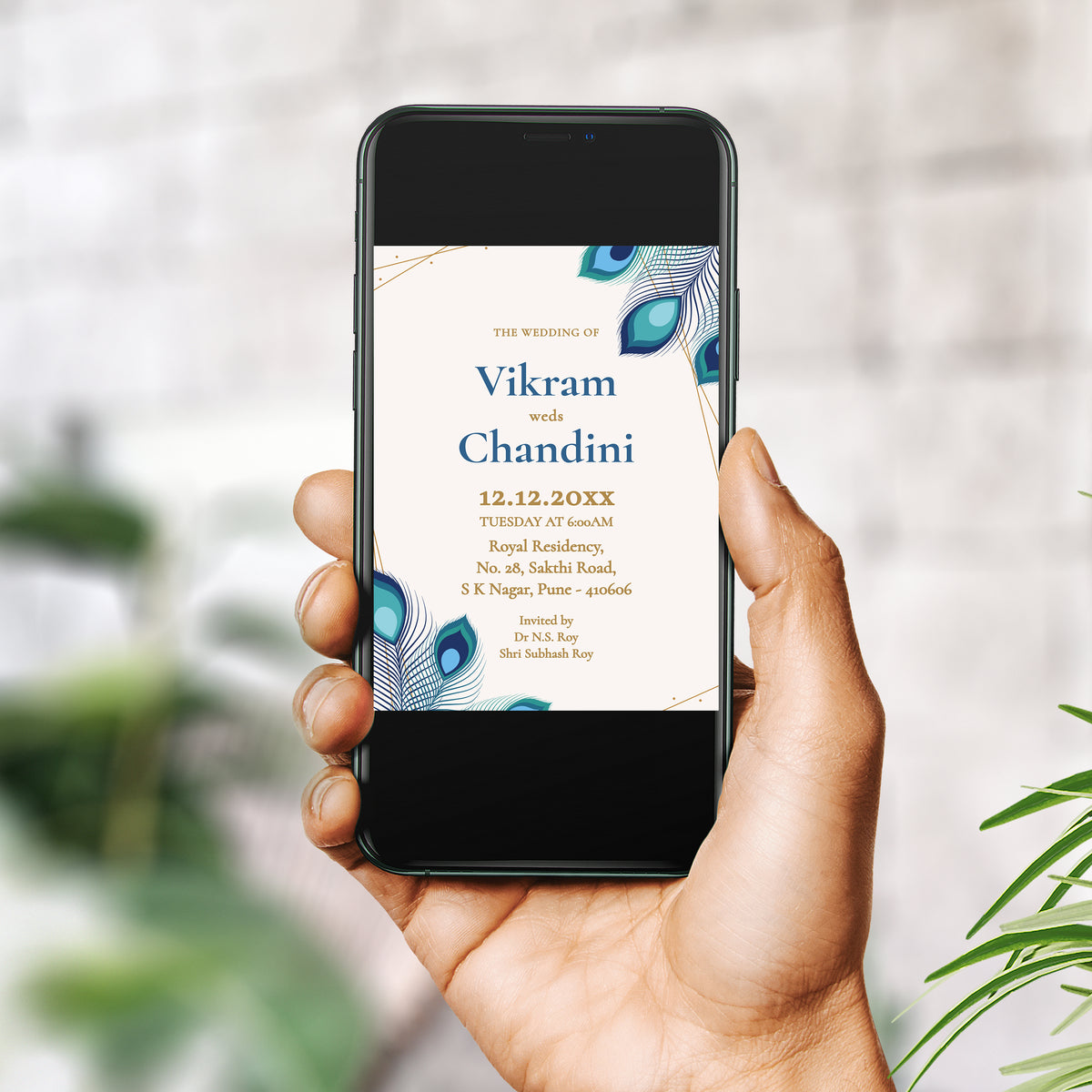 Blue Peacock Coverts Wedding Invitation Template, Printable Invitation, Evite, Digital Wedding Invite,  – W189
