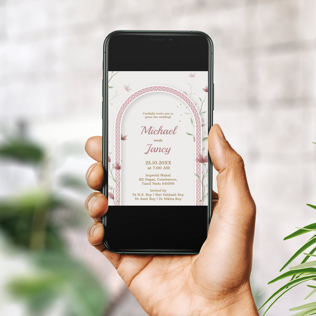 Elegant Arch Wedding Invitation Template, Printable Invitation, Evite, Pink, Green, Digital Wedding Invite, Edit yourself, Corjl – WI0009