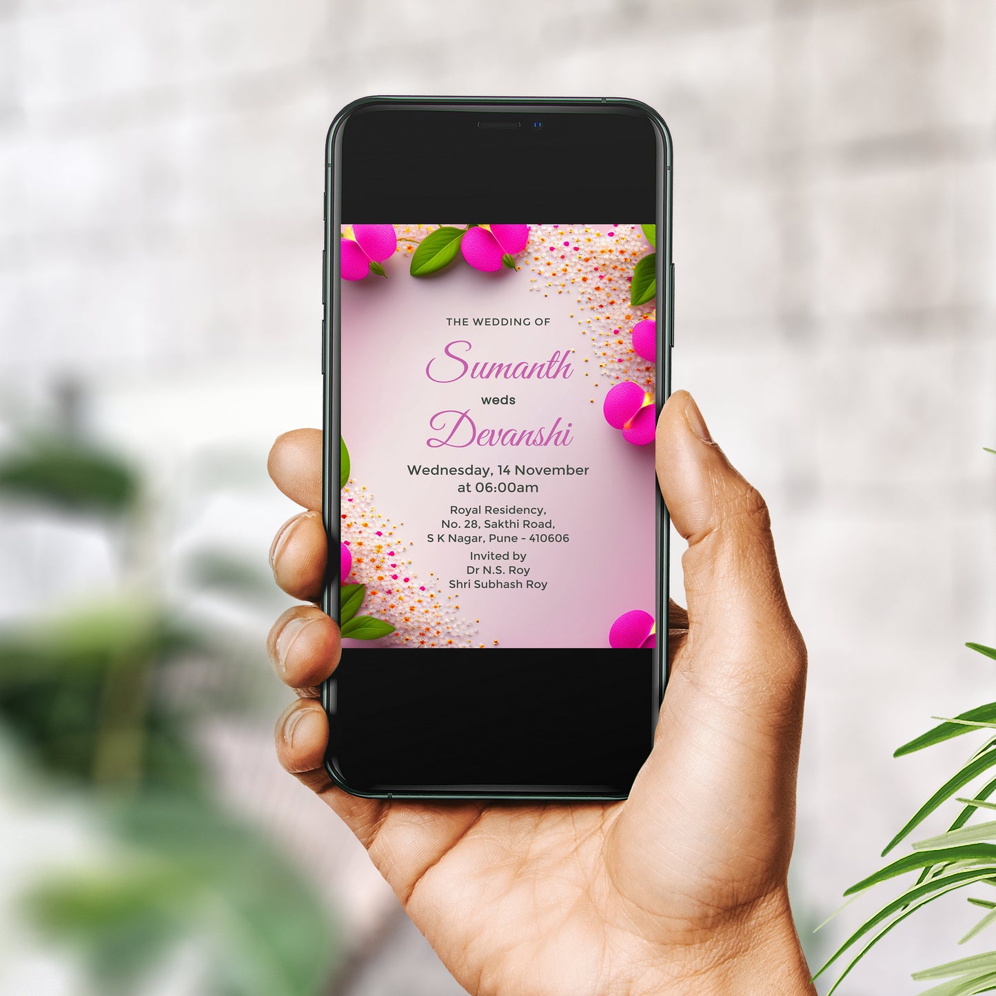 Magenta Floral Wedding Invitation Template, Printable Invitation, Evite, Digital Wedding Invite,  – W170
