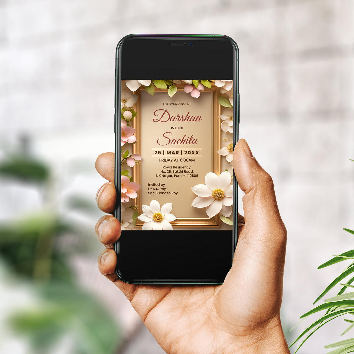 Floral Gold Wedding Invitation Template, Printable Invitation, Evite, Brown, Green, Digital Wedding Invite, – W129