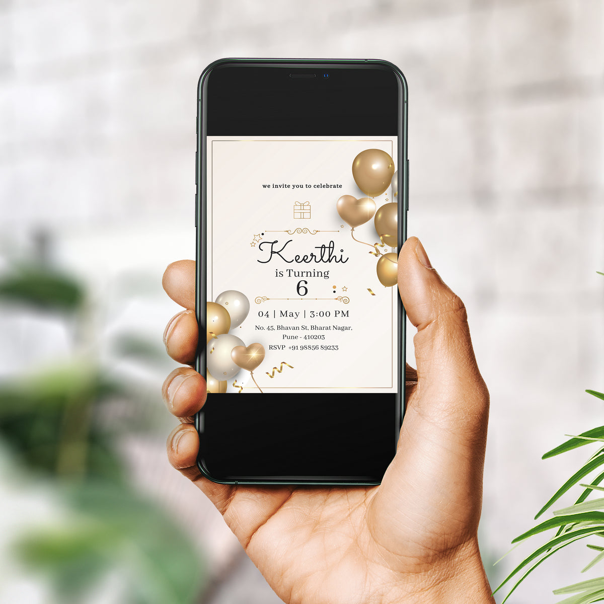 Golden Balloon Birthday Invitation Template, Printable Invitation, Girl Birthday, Evite, Digital Invite,- B084