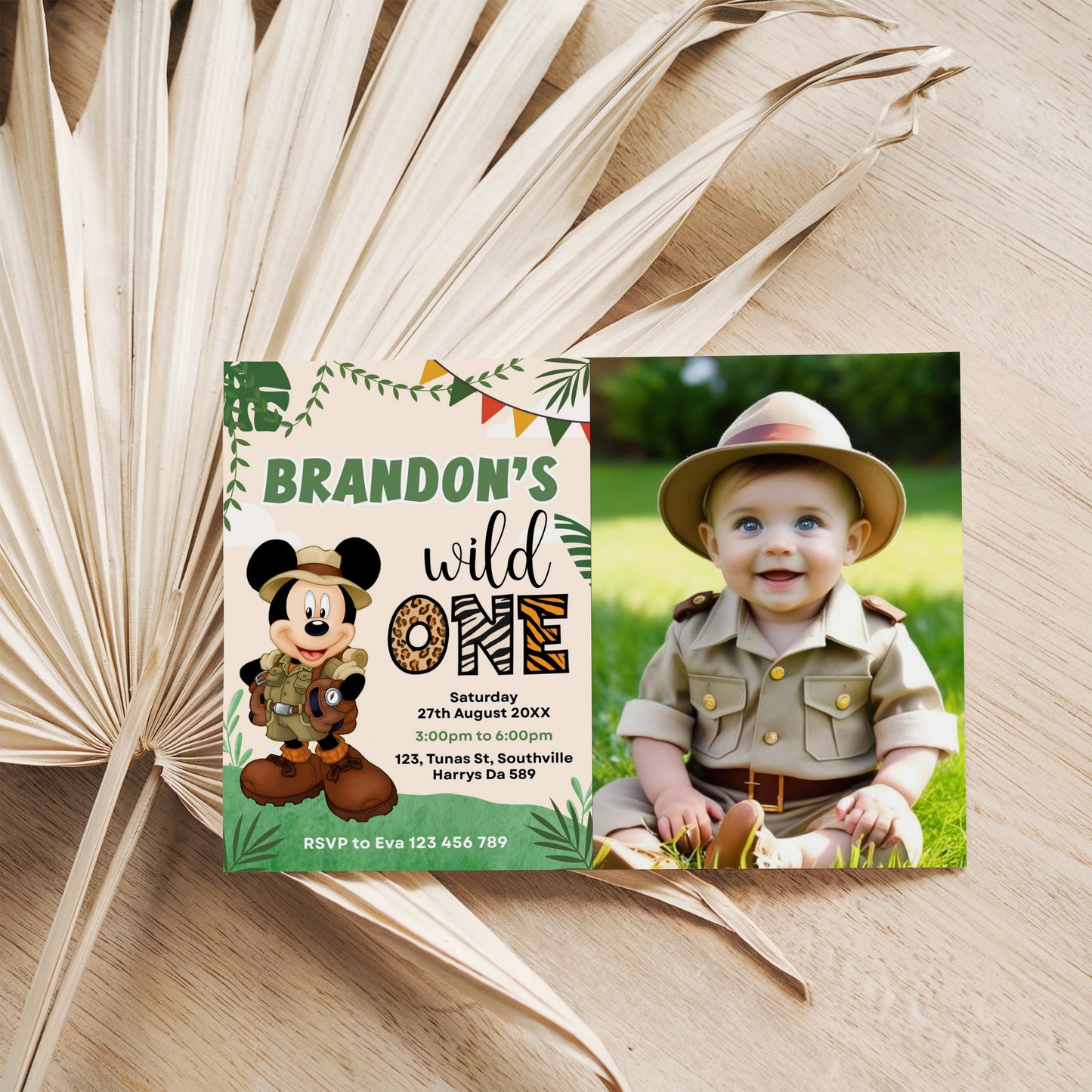 Editable Mickey Mouse 1st Birthday Party Photo Invitation, Mickey Safari Birthday Theme, Wild One Mickey Party Invite, Evite Digital, 0336
