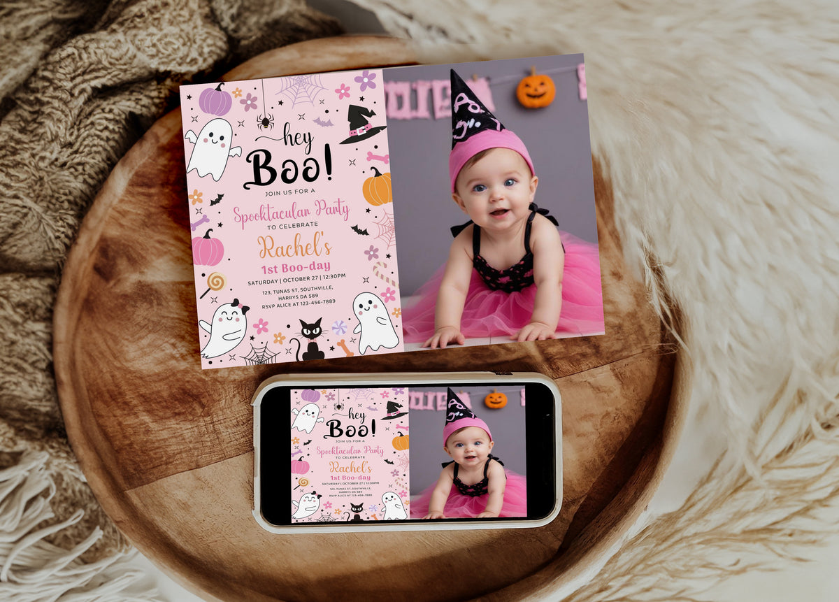 Halloween Pink Ghost Birthday Photo Invitation Hey Boo Ghost Party Spooktacular Halloween Party Girly Cute Editable Printable Download, 0371