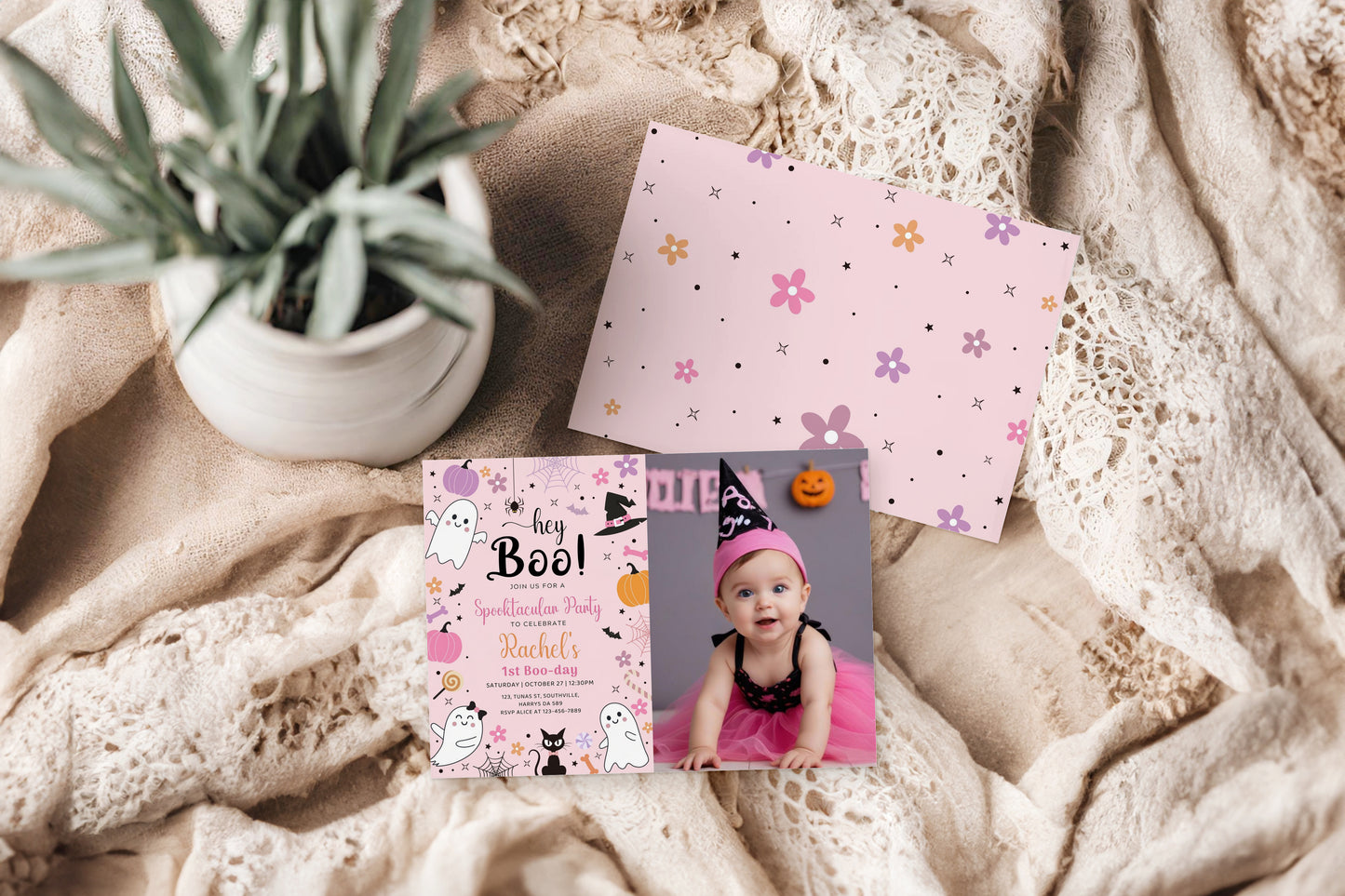 Halloween Pink Ghost Birthday Photo Invitation Hey Boo Ghost Party Spooktacular Halloween Party Girly Cute Editable Printable Download, 0371