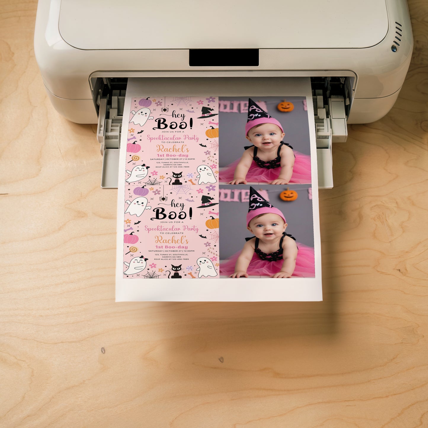 Halloween Pink Ghost Birthday Photo Invitation Hey Boo Ghost Party Spooktacular Halloween Party Girly Cute Editable Printable Download, 0371