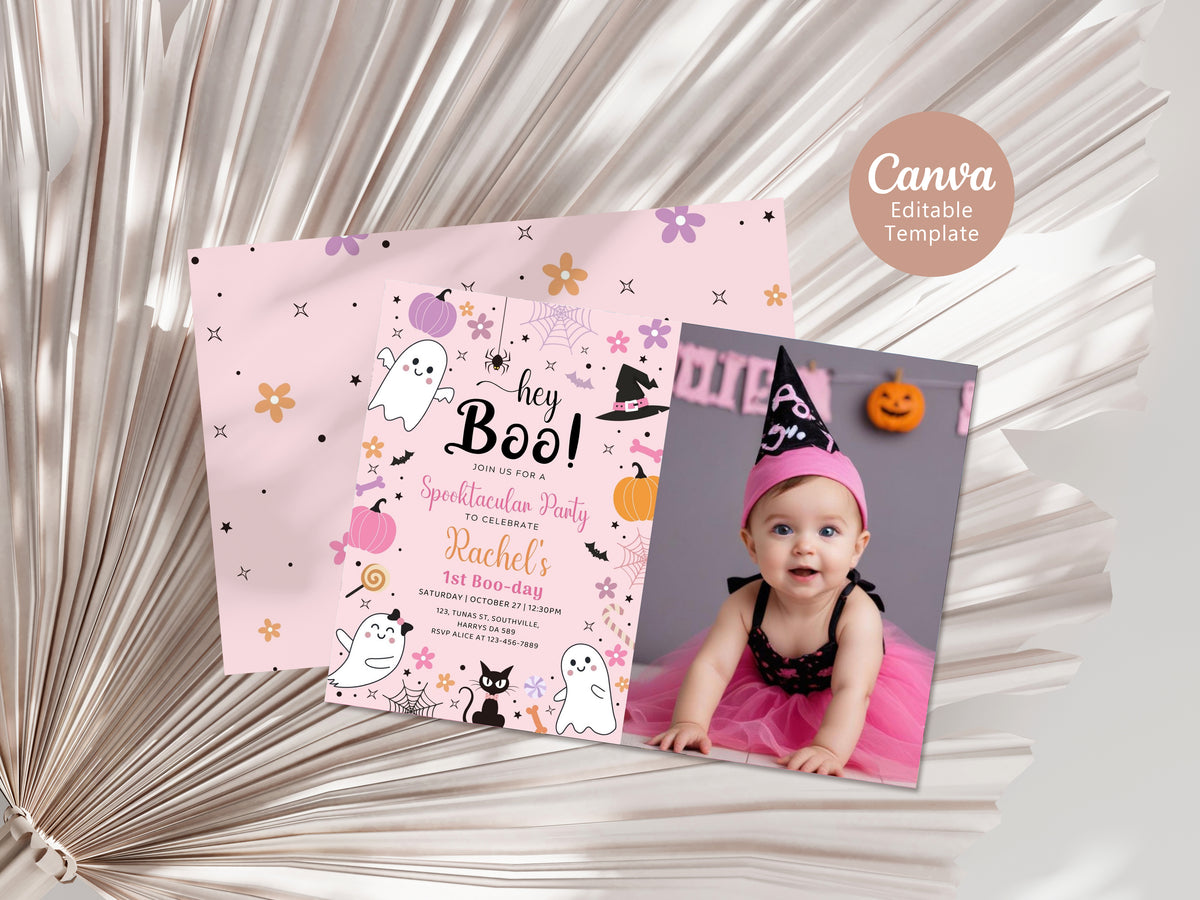 Halloween Pink Ghost Birthday Photo Invitation Hey Boo Ghost Party Spooktacular Halloween Party Girly Cute Editable Printable Download, 0371