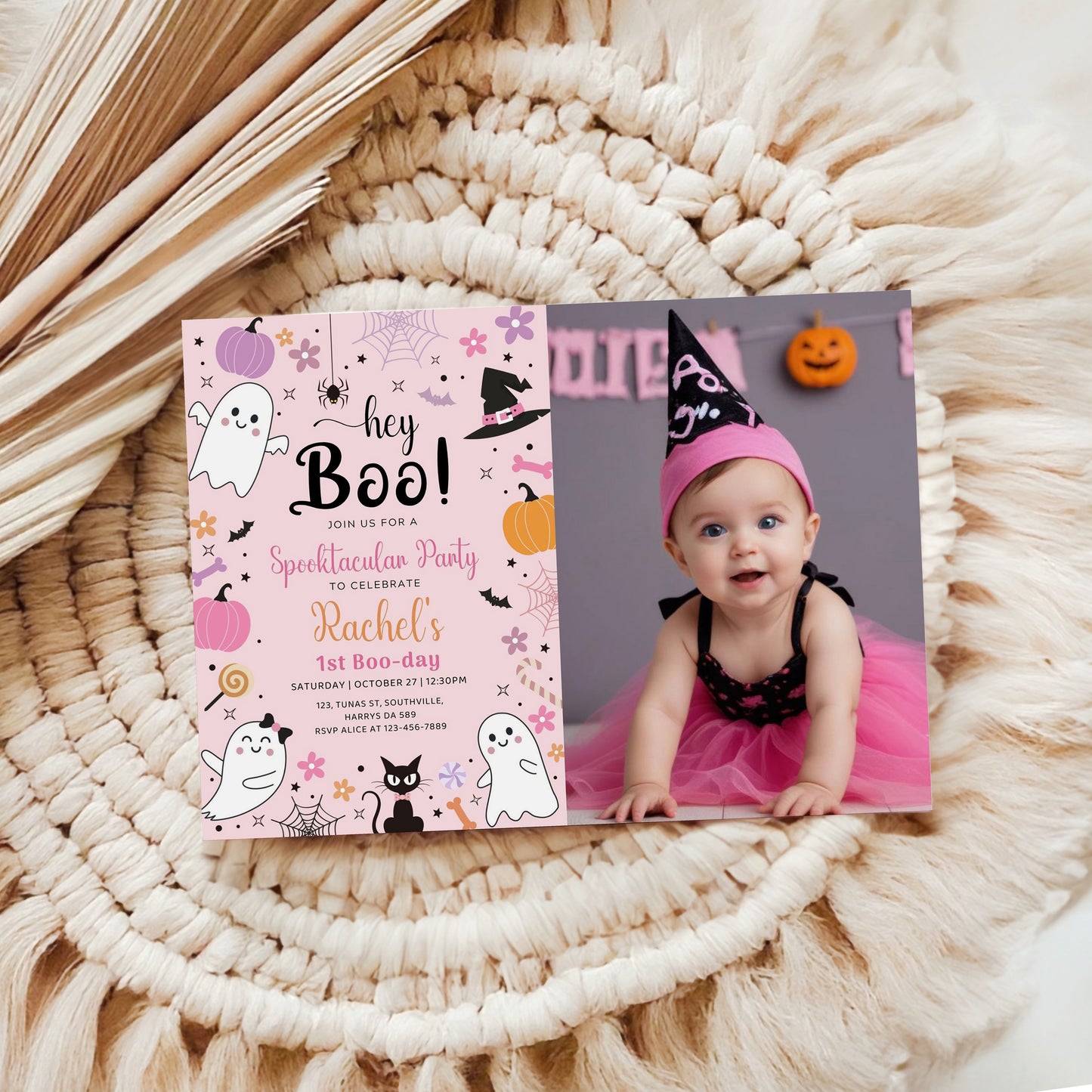 Halloween Pink Ghost Birthday Photo Invitation Hey Boo Ghost Party Spooktacular Halloween Party Girly Cute Editable Printable Download, 0371