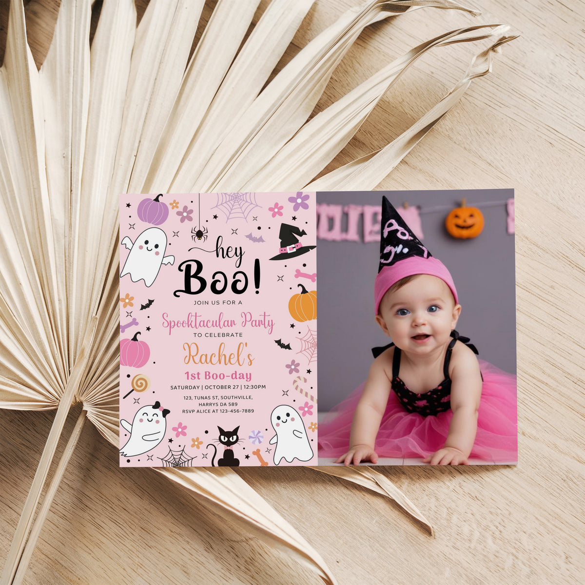 Halloween Pink Ghost Birthday Photo Invitation Hey Boo Ghost Party Spooktacular Halloween Party Girly Cute Editable Printable Download, 0371