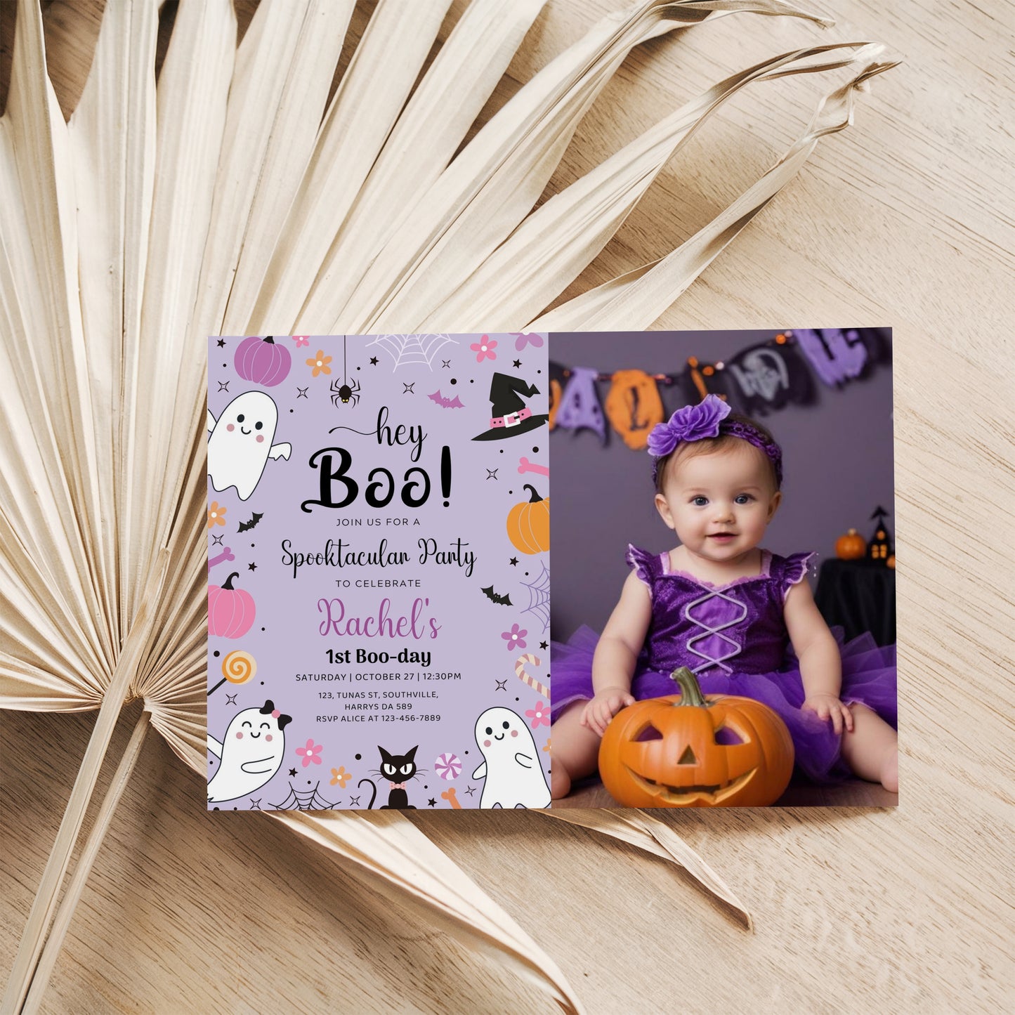Spooky One Purple Halloween Photo First Birthday Party Invitation Editable Girl 1st Birthday Pumpkin Ghost Boo-Day Invite Printable, 0376
