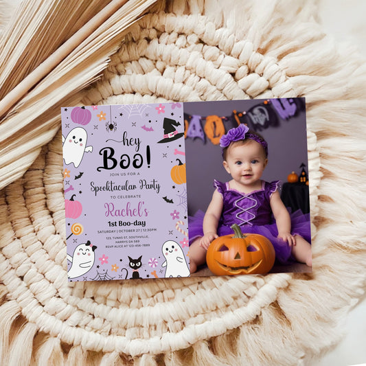 Spooky One Purple Halloween Photo First Birthday Party Invitation Editable Girl 1st Birthday Pumpkin Ghost Boo-Day Invite Printable, 0376