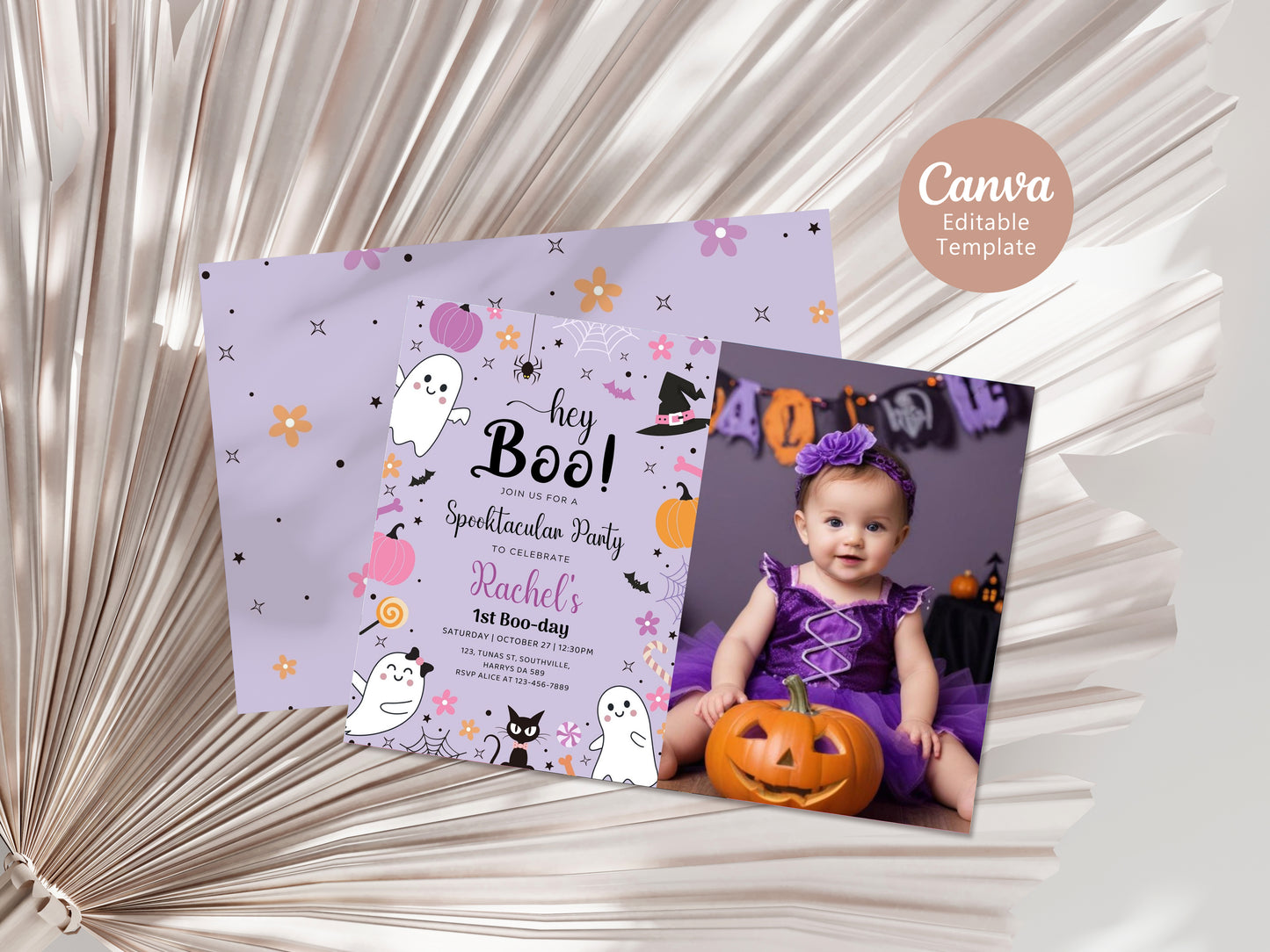 Spooky One Purple Halloween Photo First Birthday Party Invitation Editable Girl 1st Birthday Pumpkin Ghost Boo-Day Invite Printable, 0376