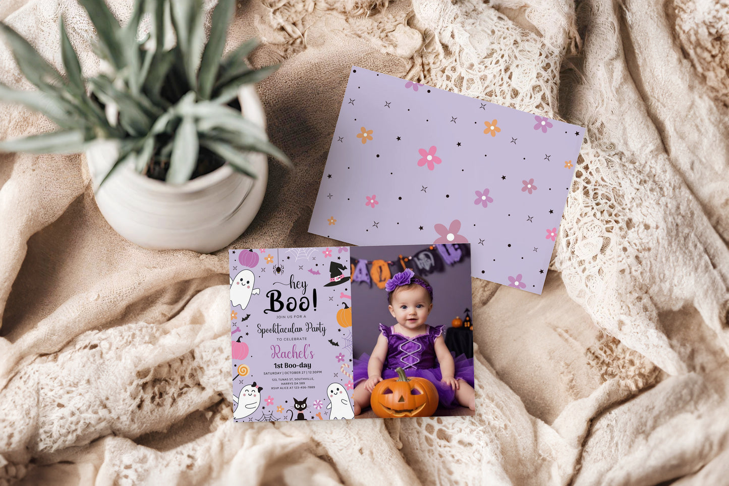 Spooky One Purple Halloween Photo First Birthday Party Invitation Editable Girl 1st Birthday Pumpkin Ghost Boo-Day Invite Printable, 0376