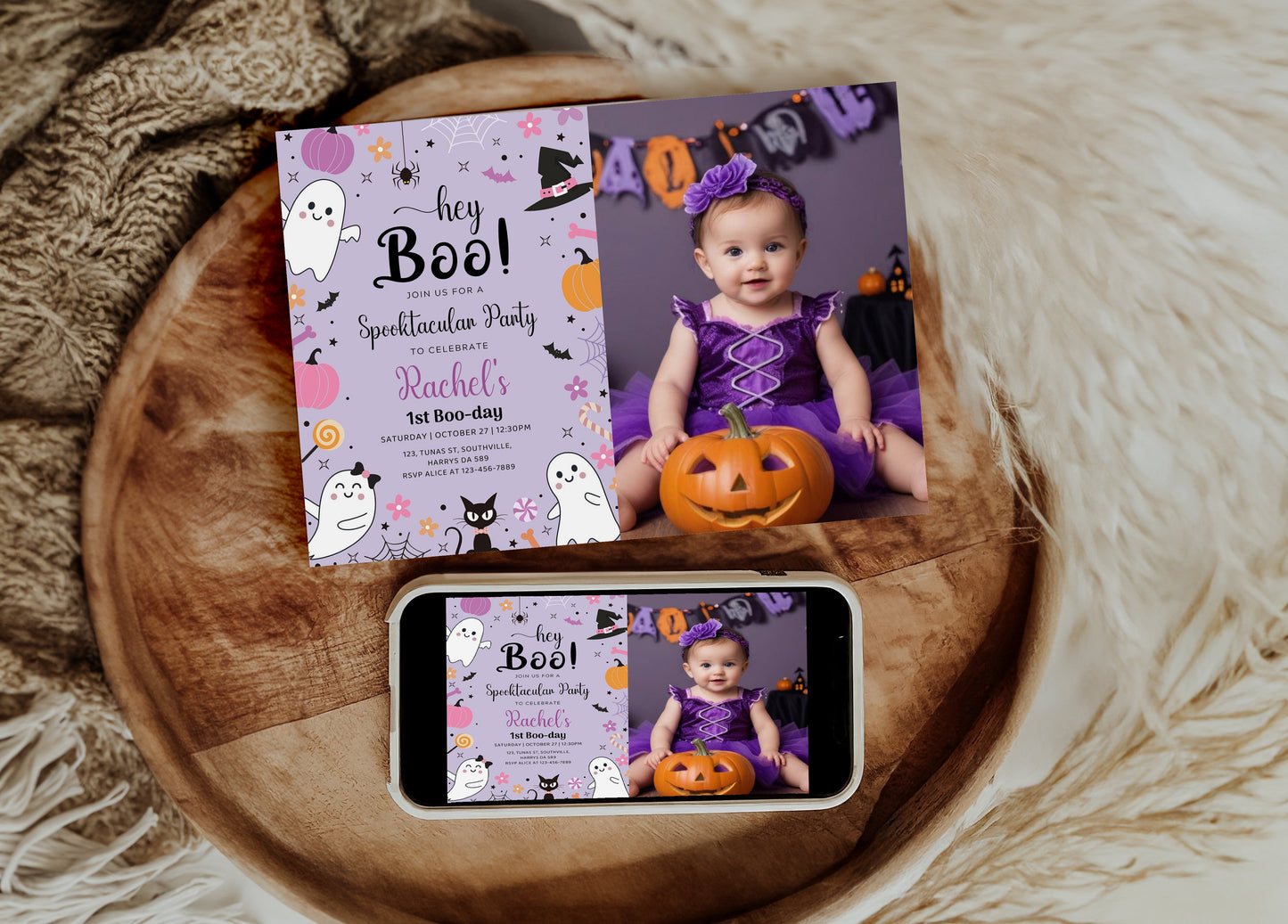 Spooky One Purple Halloween Photo First Birthday Party Invitation Editable Girl 1st Birthday Pumpkin Ghost Boo-Day Invite Printable, 0376