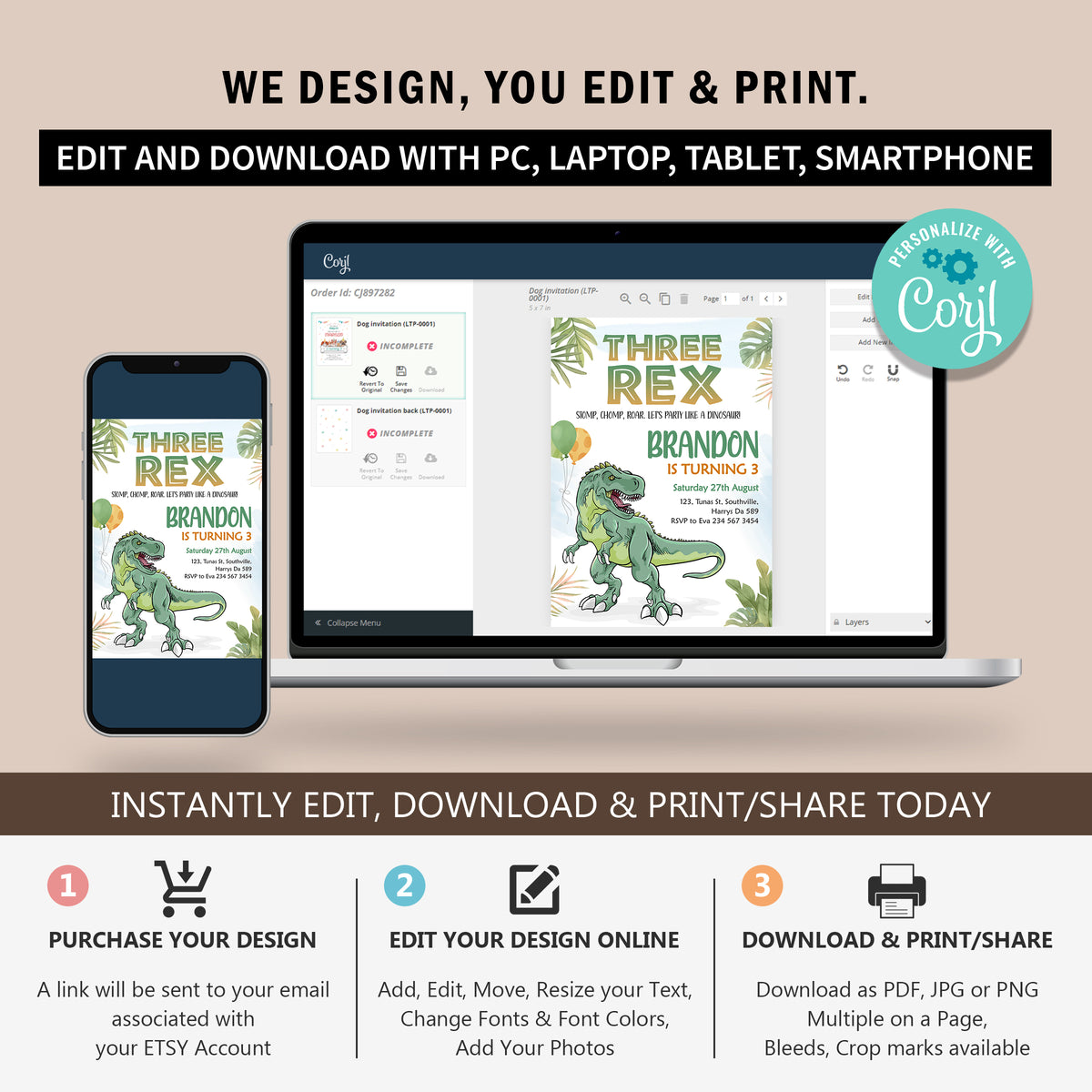 Three Rex Birthday Invitation Template, Printable Invitation, Boy Birthday, Evite, Digital Invite, 0285