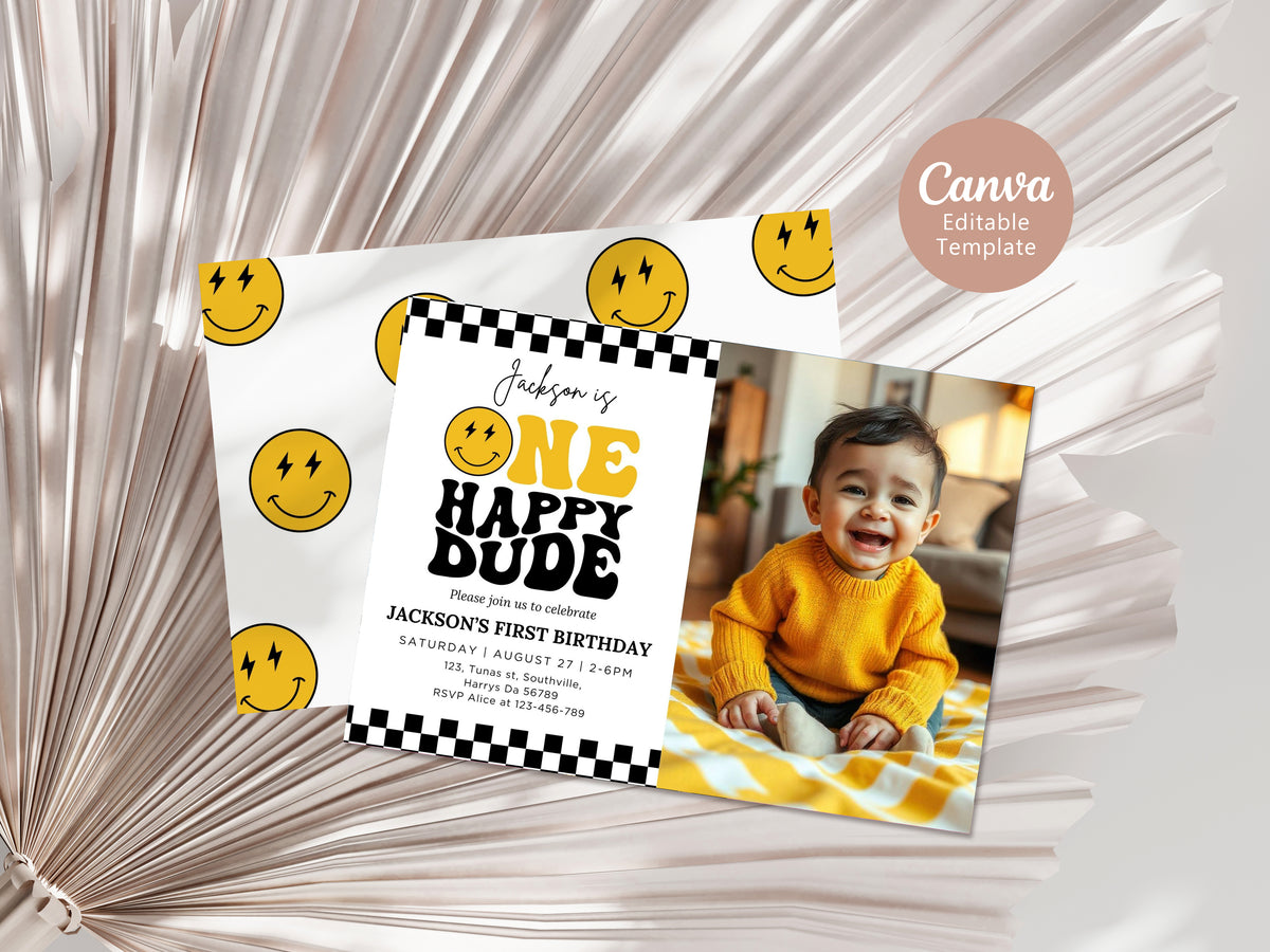One Happy Dude Yellow Birthday Invitation Photo One Happy Dude Yellow Editable Birthday Invite One Happy Dude Yellow Evite Boys first birthday invitation 0409