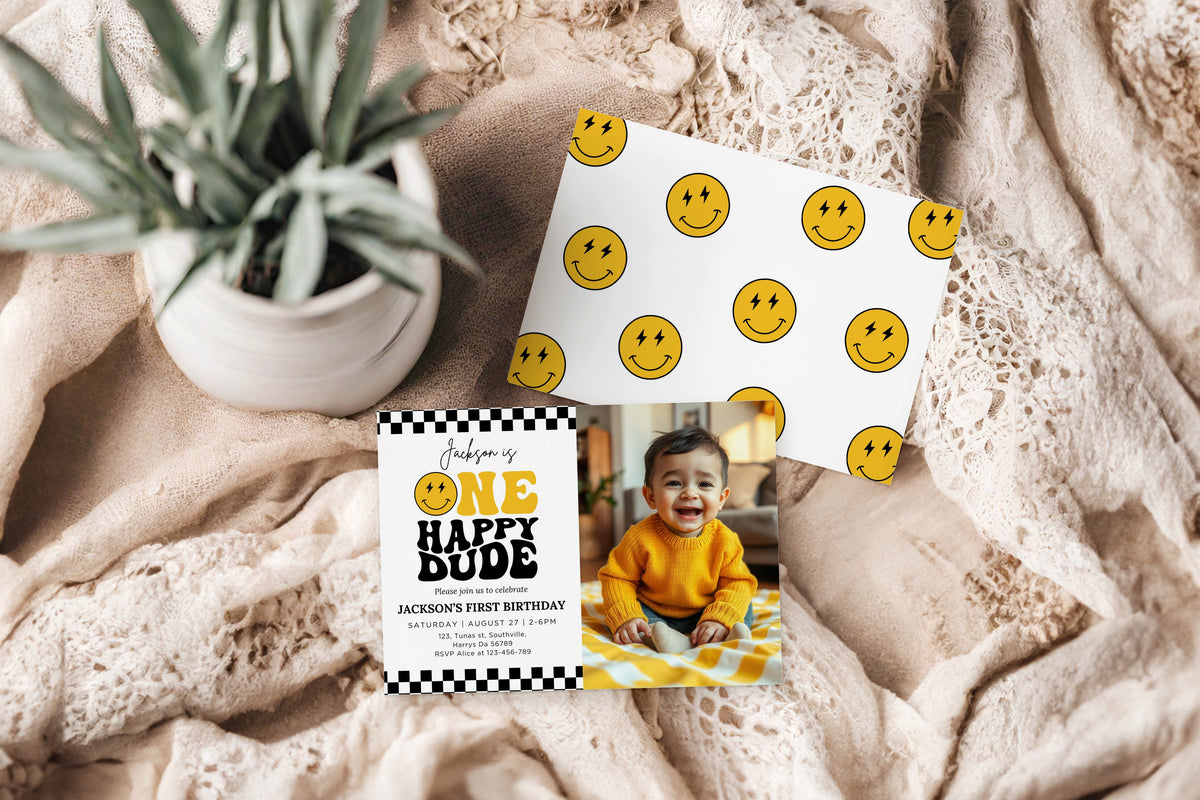 One Happy Dude Yellow Birthday Invitation Photo One Happy Dude Yellow Editable Birthday Invite One Happy Dude Yellow Evite Boys first birthday invitation 0409