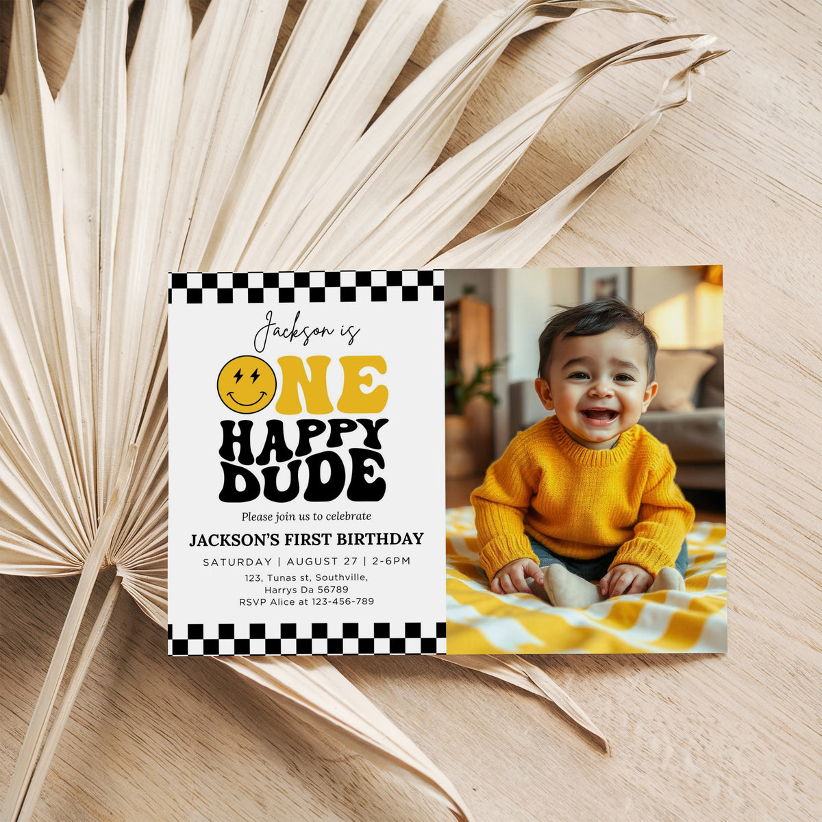 One Happy Dude Yellow Birthday Invitation Photo One Happy Dude Yellow Editable Birthday Invite One Happy Dude Yellow Evite Boys first birthday invitation 0409