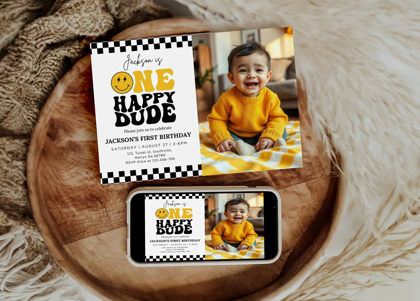 One Happy Dude Yellow Birthday Invitation Photo One Happy Dude Yellow Editable Birthday Invite One Happy Dude Yellow Evite Boys first birthday invitation 0409