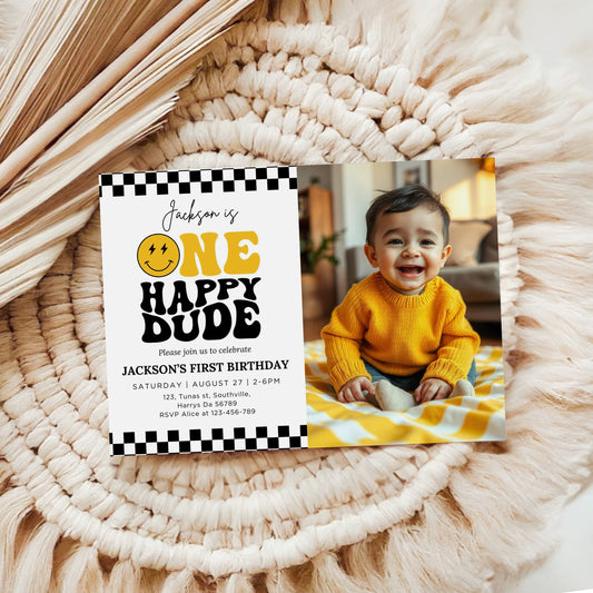 One Happy Dude Yellow Birthday Invitation Photo One Happy Dude Yellow Editable Birthday Invite One Happy Dude Yellow Evite Boys first birthday invitation 0409