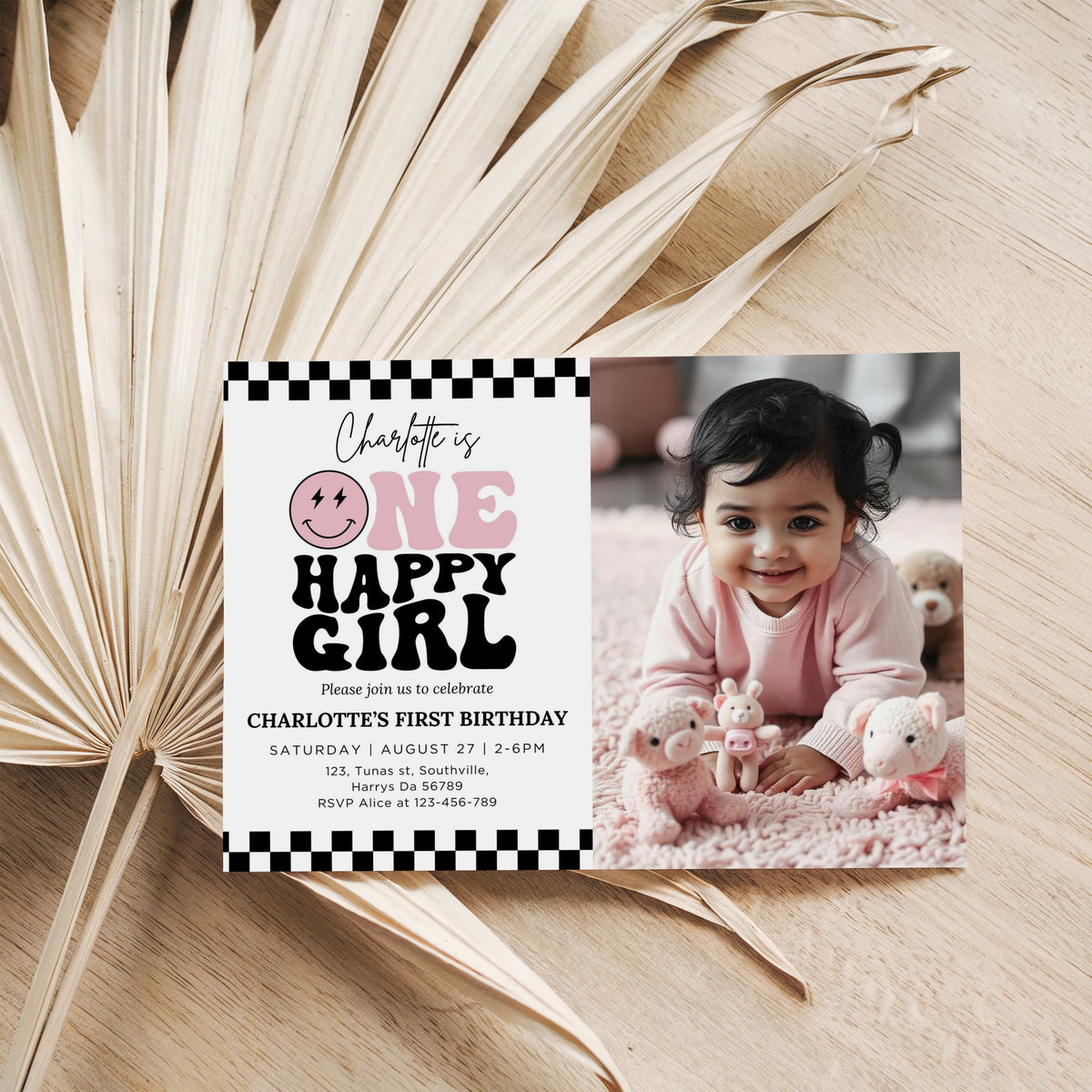 Editable ONE Happy Girl Birthday Invitation in Pink, One Happy Girl Birthday Photo Invite Girls First Birthday Idea ONE Happy Girl Party 0410