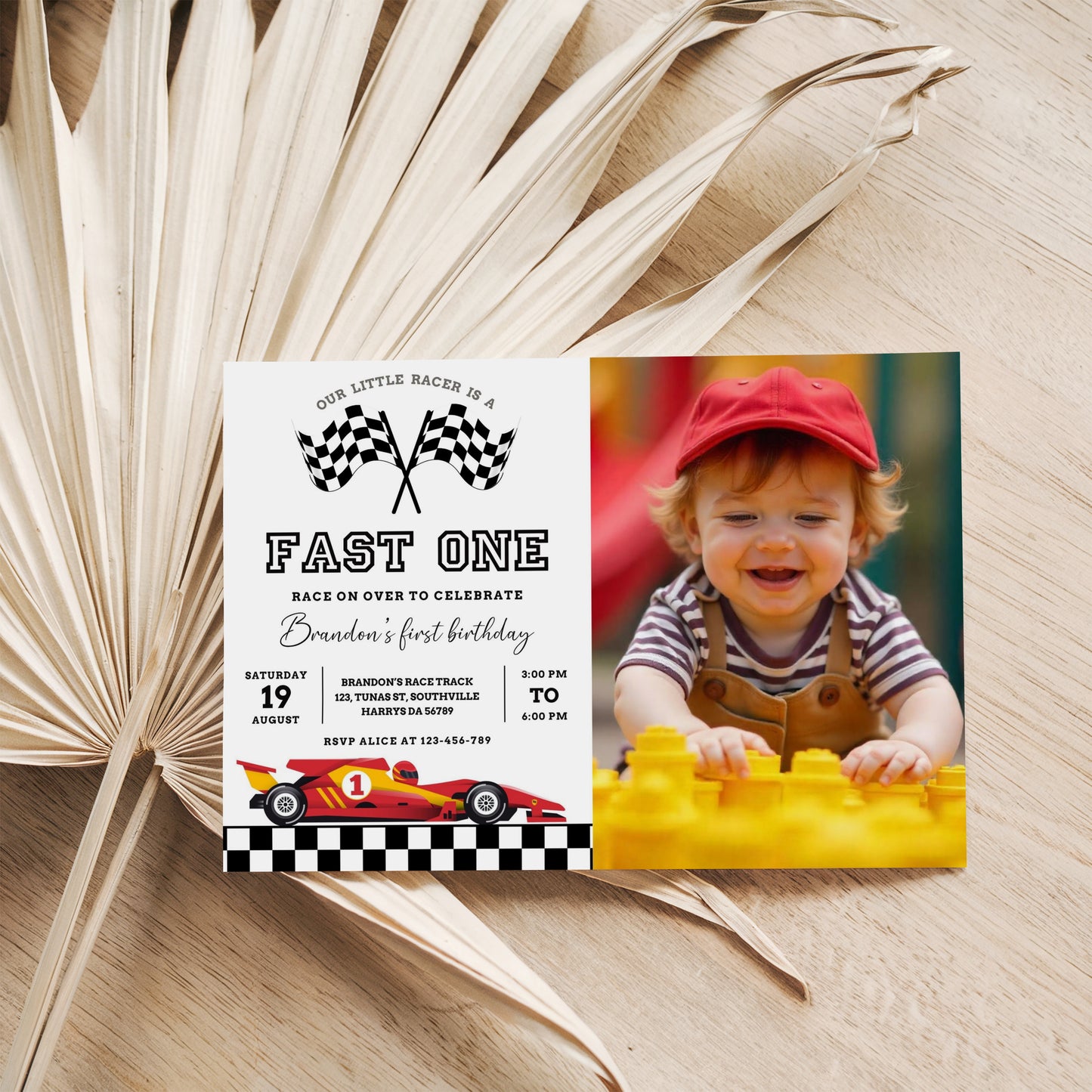 Editable Fast One 1st Birthday Invitation Racing Car Boy First Birthday Invite Vintage Blue Race Car Party Printable Template Download, 0413