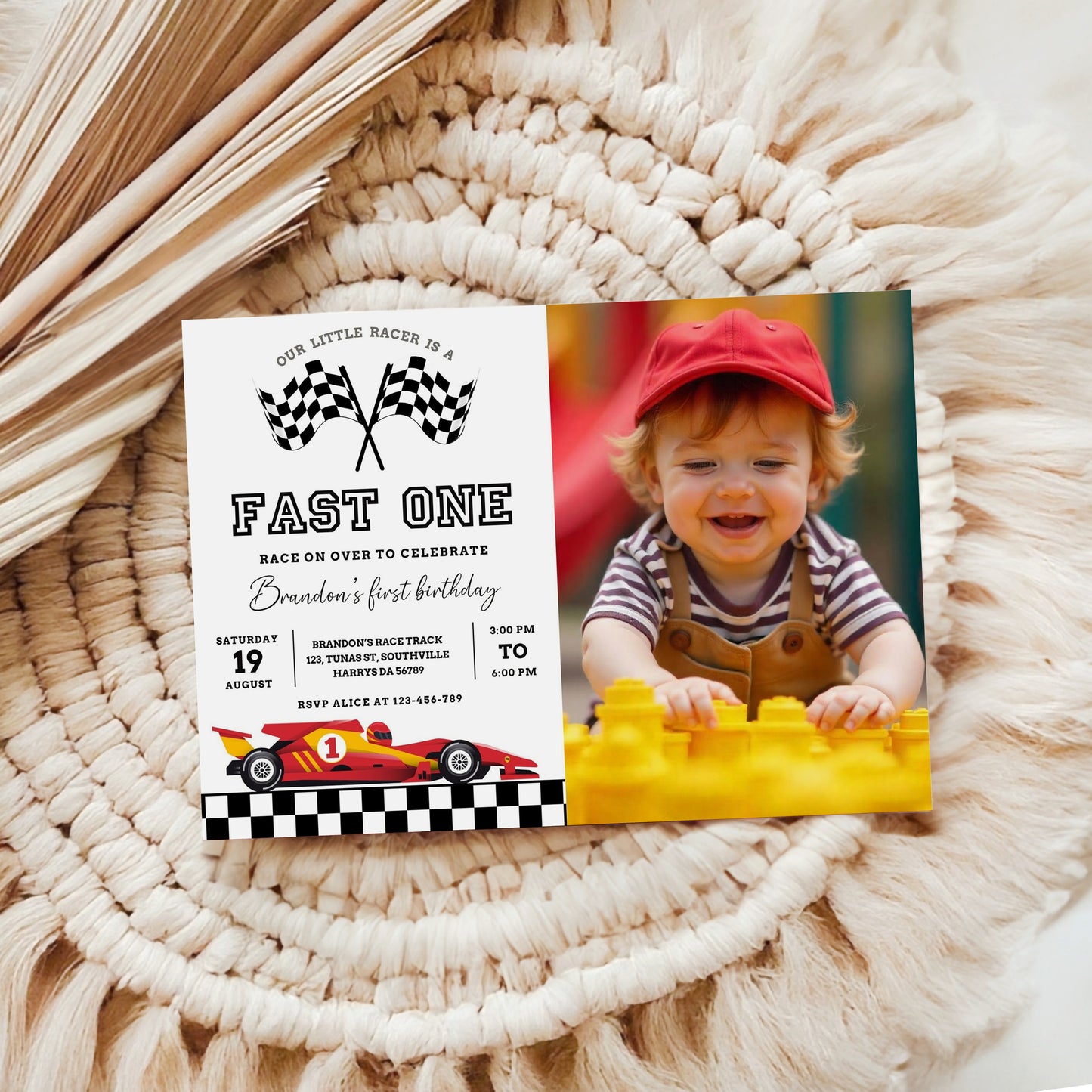 Editable Fast One 1st Birthday Invitation Racing Car Boy First Birthday Invite Vintage Blue Race Car Party Printable Template Download, 0413