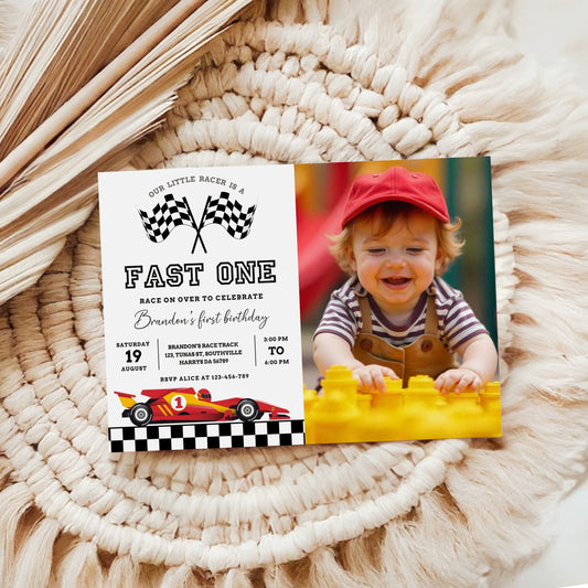 Editable Fast One 1st Birthday Invitation Racing Car Boy First Birthday Invite Vintage Blue Race Car Party Printable Template Download, 0413