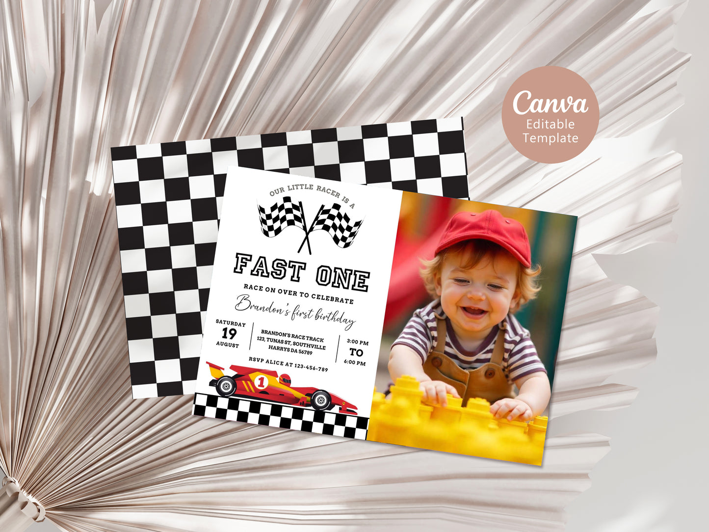 Editable Fast One 1st Birthday Invitation Racing Car Boy First Birthday Invite Vintage Blue Race Car Party Printable Template Download, 0413