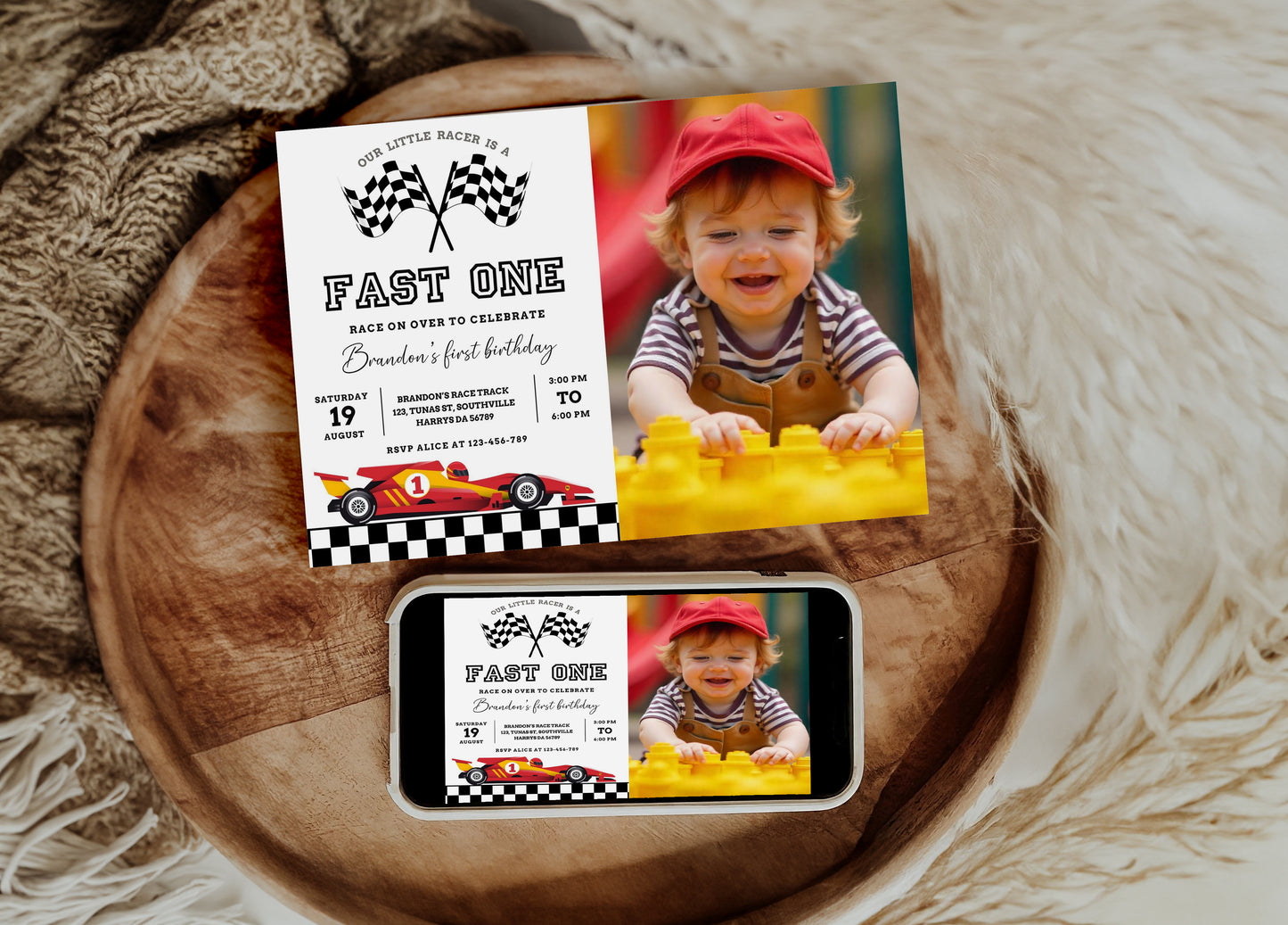 Editable Fast One 1st Birthday Invitation Racing Car Boy First Birthday Invite Vintage Blue Race Car Party Printable Template Download, 0413