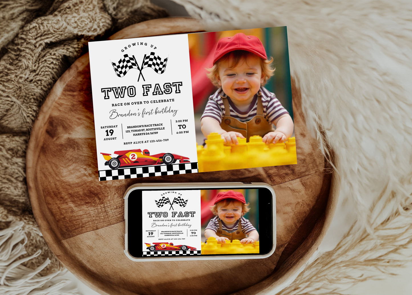 Editable Two Fast Birthday Invitation with photo, Cars Lighting McQueen Invitation, Race Car 2nd Birthday with a picture, Digital Canva 0454