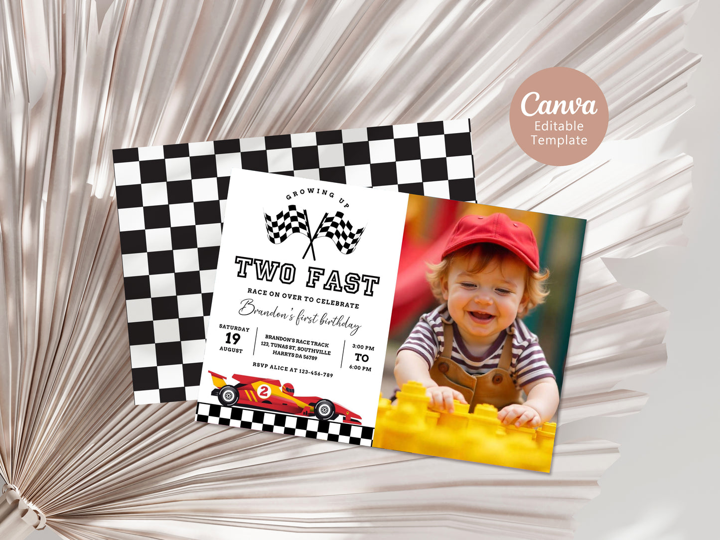 Editable Two Fast Birthday Invitation with photo, Cars Lighting McQueen Invitation, Race Car 2nd Birthday with a picture, Digital Canva 0454
