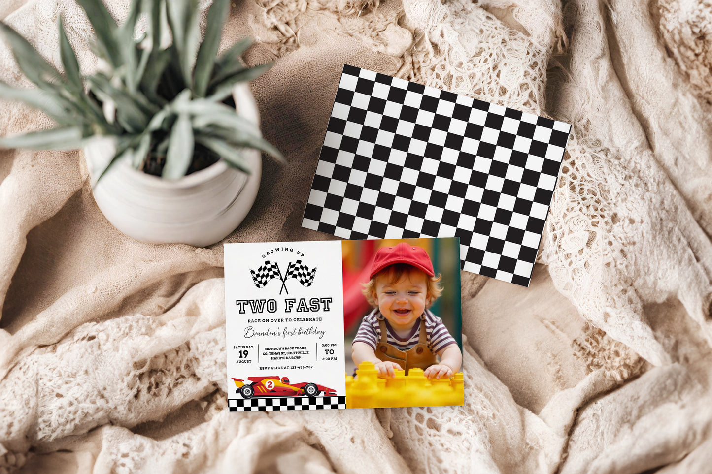 Editable Two Fast Birthday Invitation with photo, Cars Lighting McQueen Invitation, Race Car 2nd Birthday with a picture, Digital Canva 0454