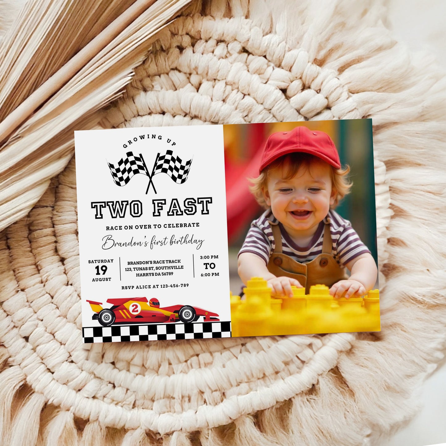 Editable Two Fast Birthday Invitation with photo, Cars Lighting McQueen Invitation, Race Car 2nd Birthday with a picture, Digital Canva 0454