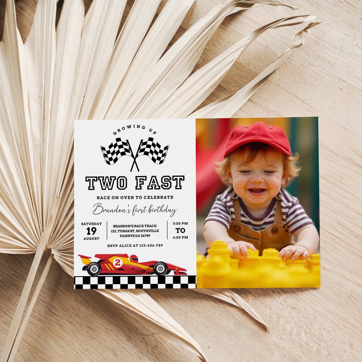 Editable Two Fast Birthday Invitation with photo, Cars Lighting McQueen Invitation, Race Car 2nd Birthday with a picture, Digital Canva 0454