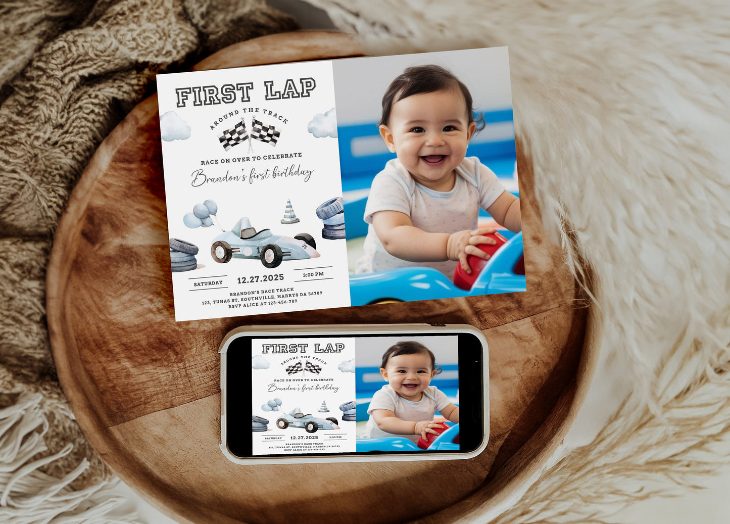 Race Car Photo Birthday Invitation Card, First Lap Around the Track, Printable Fast One 1st Birthday, Editable Canva Template, Evite, 0469